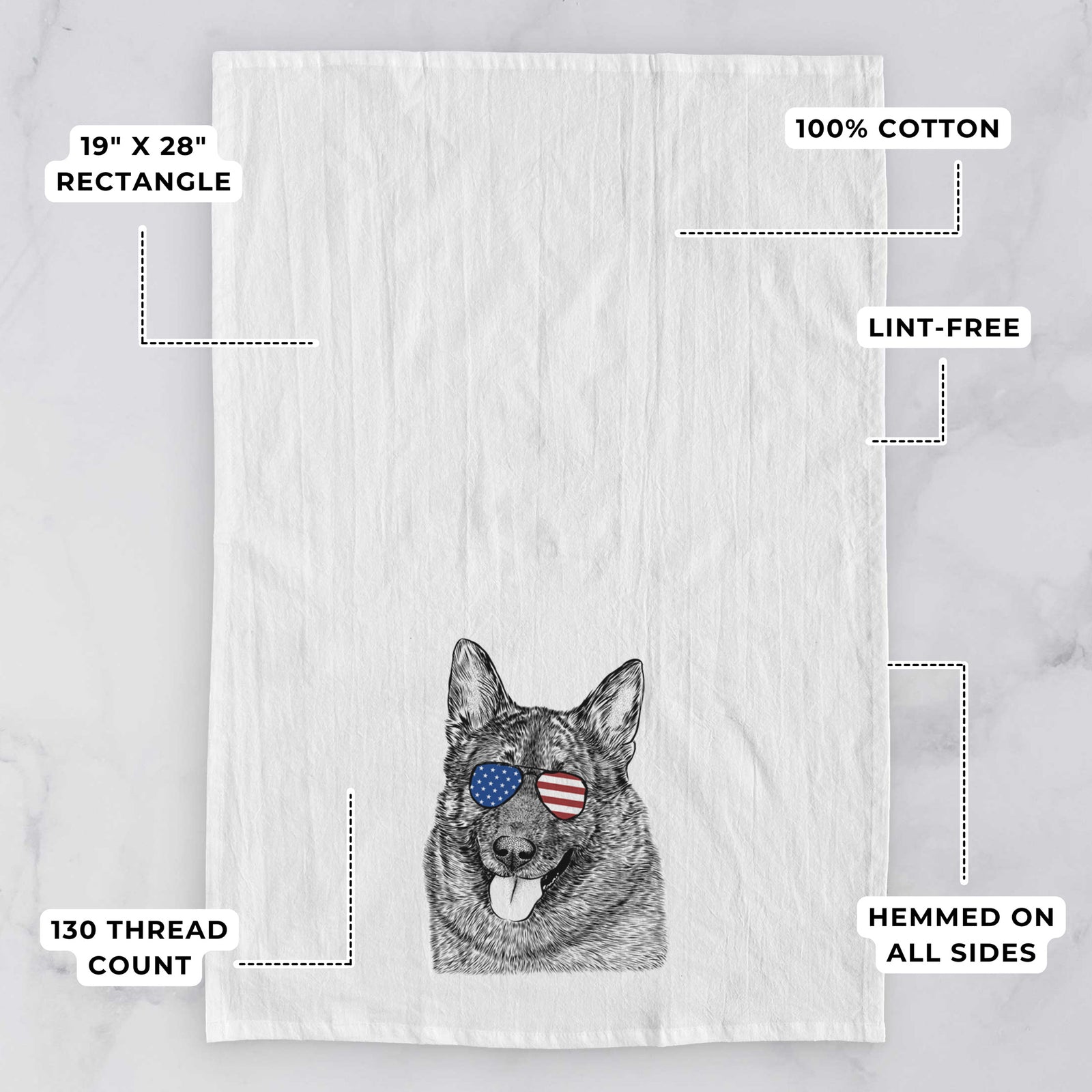 Hand-drawn sketch of Kasia the Norwegian Elkhound wearing American flag sunglasses on a tea towel, with feature callouts: 19 x 28 inch rectangle, 100% cotton, lint-free, 120 thread count, hemmed on all sides