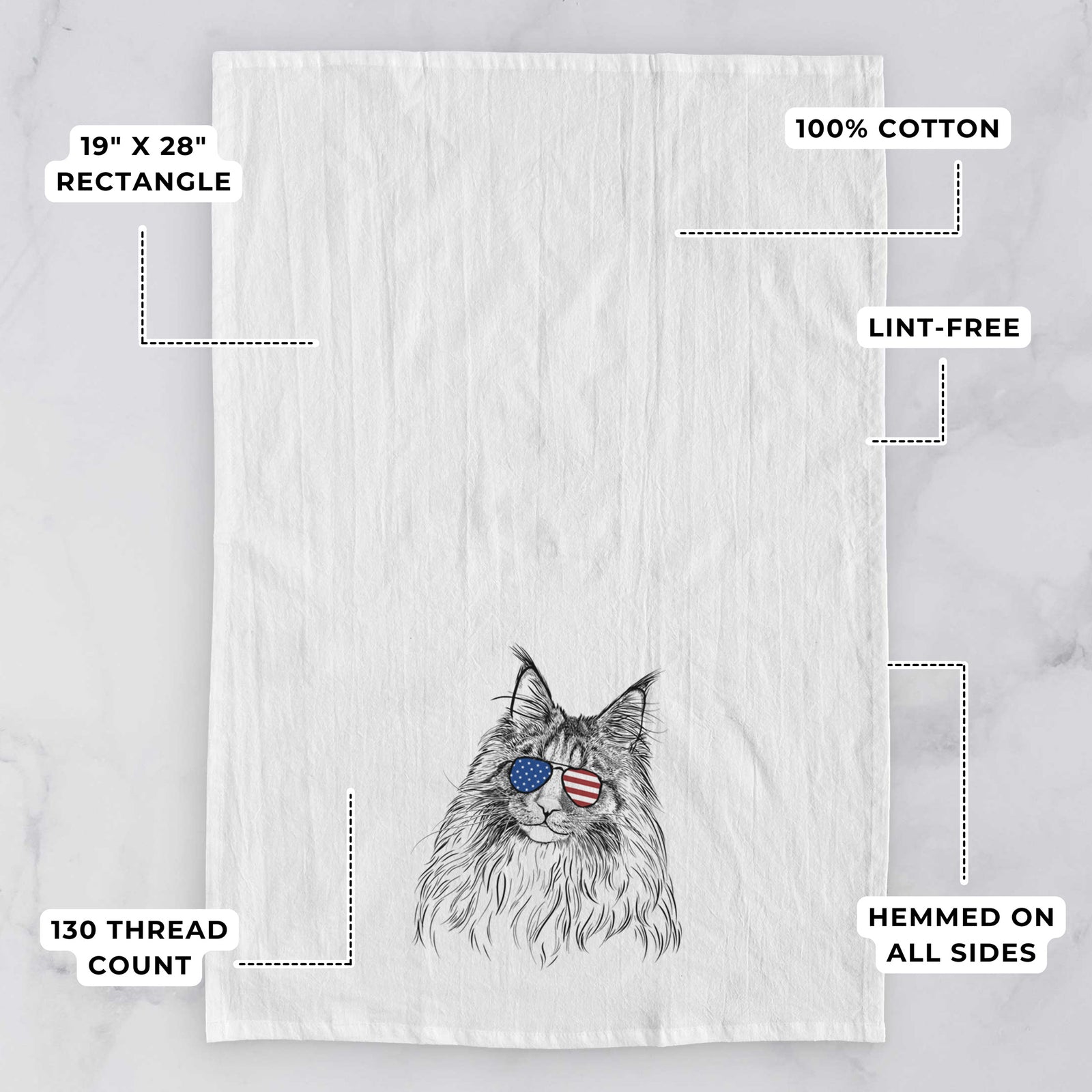 Hand-drawn sketch of Kiki the Maine Coon Cat wearing American flag sunglasses on a tea towel, with feature callouts: 19 x 28 inch rectangle, 100% cotton, lint-free, 120 thread count, hemmed on all sides