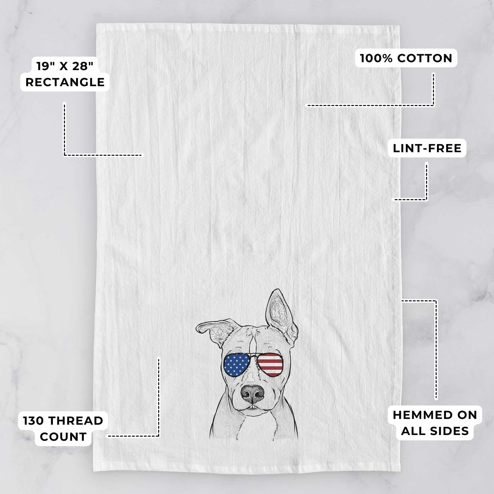 Hand-drawn sketch of Kisses the Pitbull wearing American flag sunglasses on a tea towel, with feature callouts: 19 x 28 inch rectangle, 100% cotton, lint-free, 120 thread count, hemmed on all sides