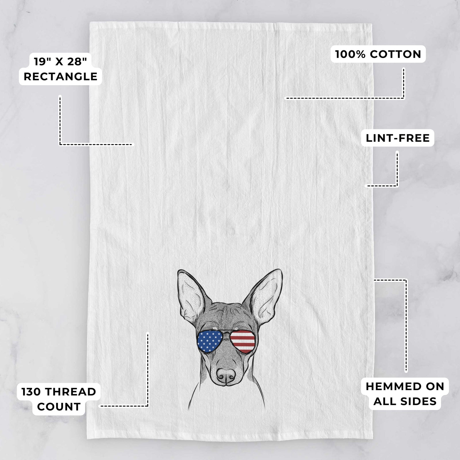Hand-drawn sketch of Knox the Rat Terrier wearing American flag sunglasses on a tea towel, with feature callouts: 19 x 28 inch rectangle, 100% cotton, lint-free, 120 thread count, hemmed on all sides