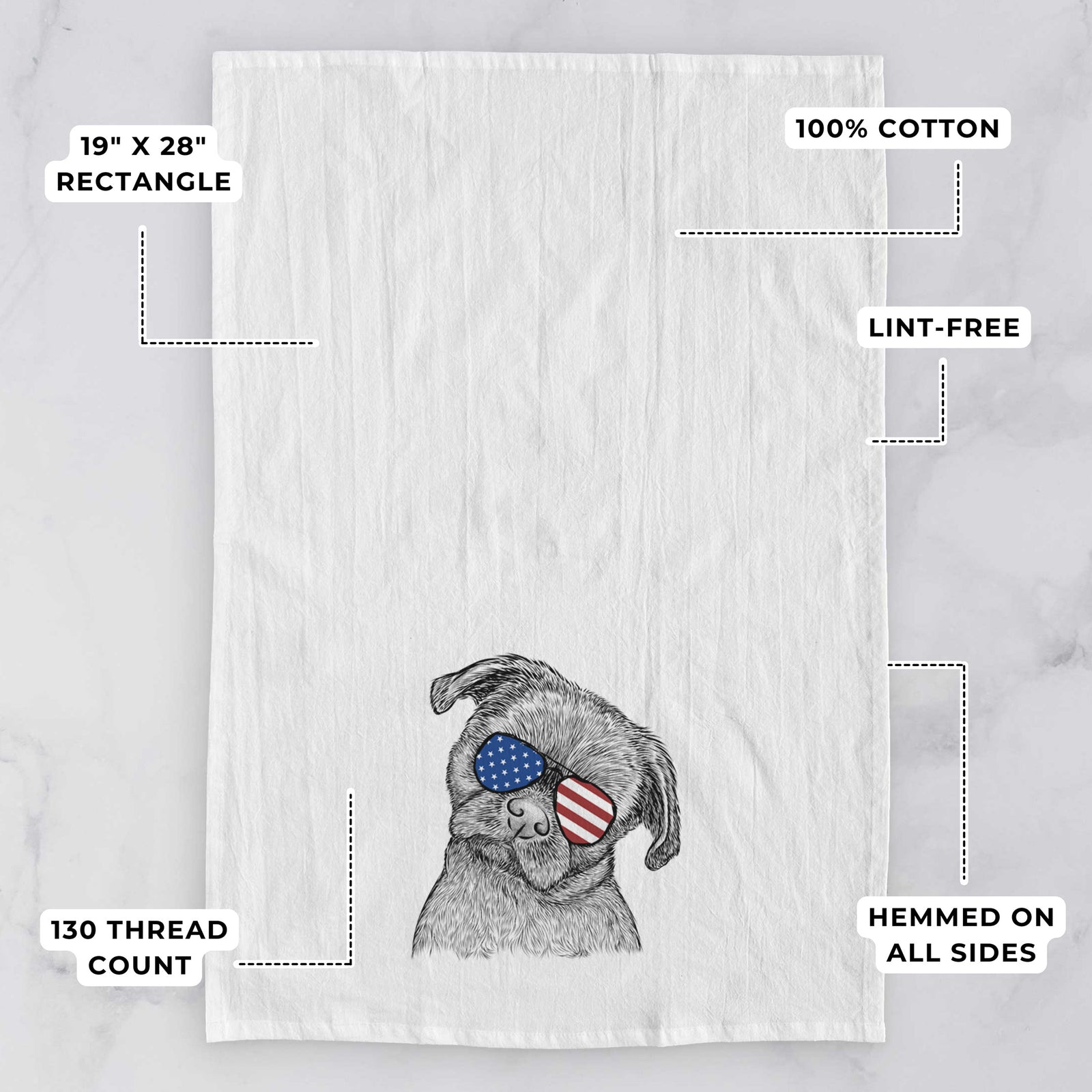 Hand-drawn sketch of Koko the Shih Tzu wearing American flag sunglasses on a tea towel, with feature callouts: 19 x 28 inch rectangle, 100% cotton, lint-free, 120 thread count, hemmed on all sides