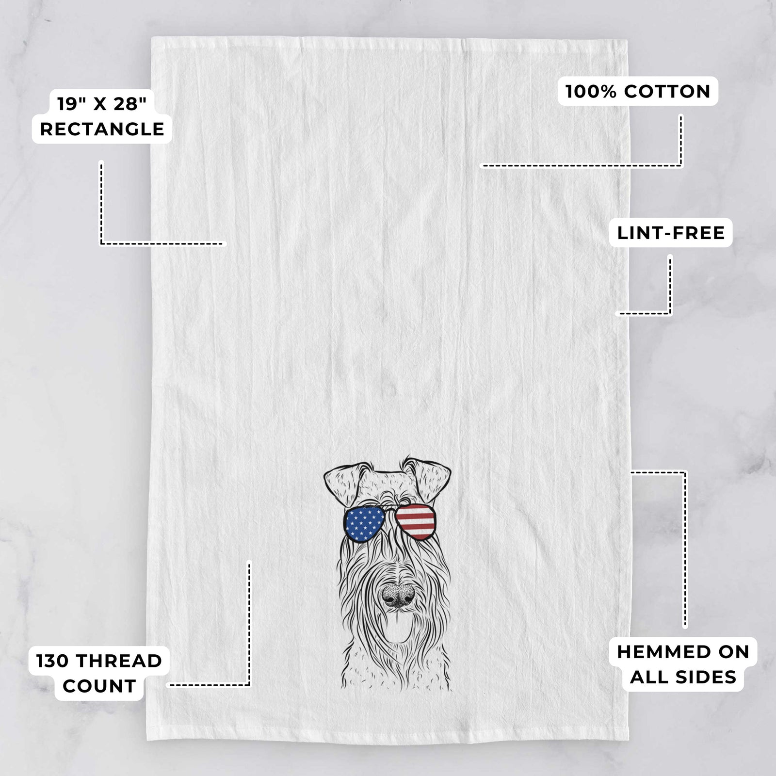 Hand-drawn sketch of Kricket the Kerry Blue Terrier wearing American flag sunglasses on a tea towel, with feature callouts: 19 x 28 inch rectangle, 100% cotton, lint-free, 120 thread count, hemmed on all sides