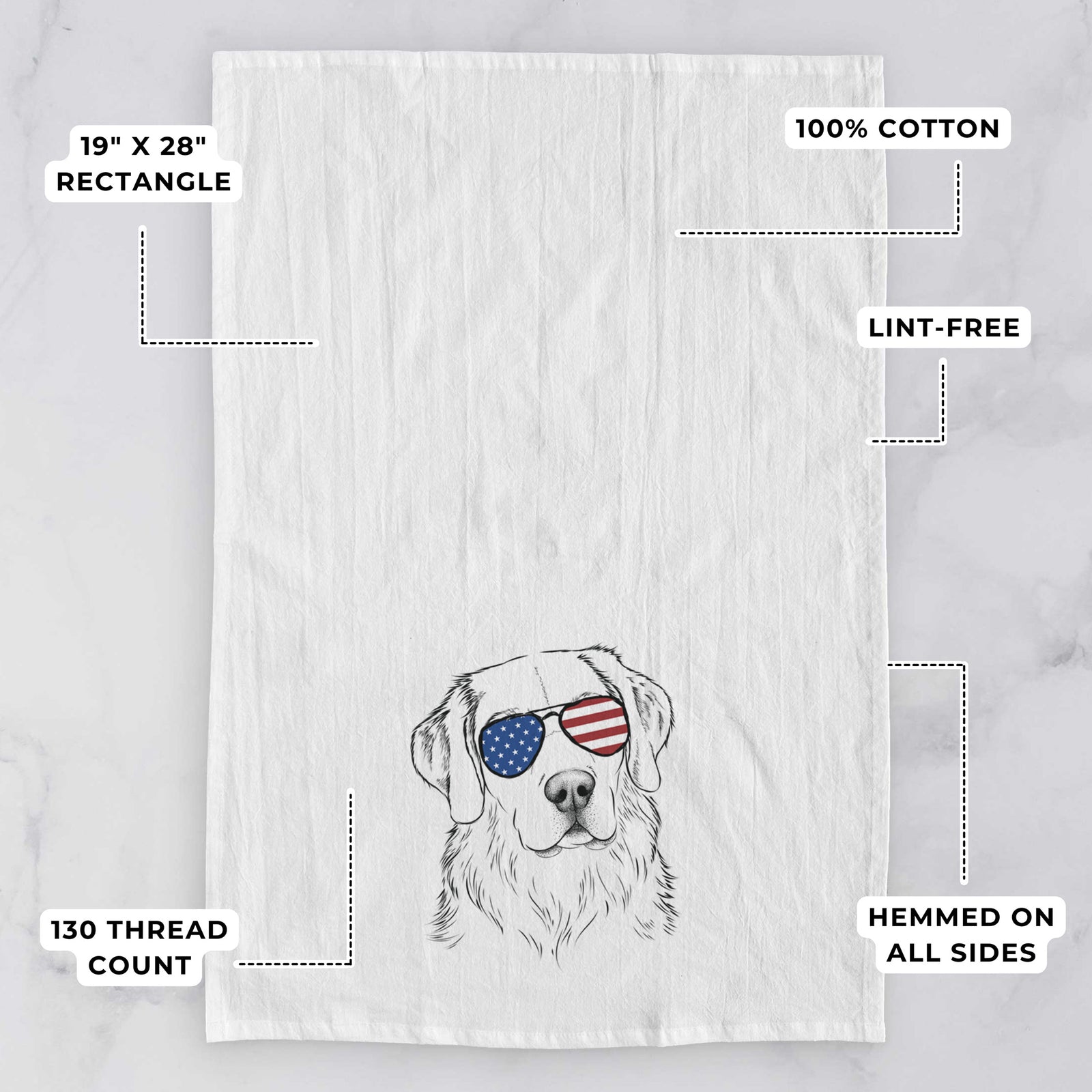 Hand-drawn sketch of Kula the Golden Retriever wearing American flag sunglasses on a tea towel, with feature callouts: 19 x 28 inch rectangle, 100% cotton, lint-free, 120 thread count, hemmed on all sides