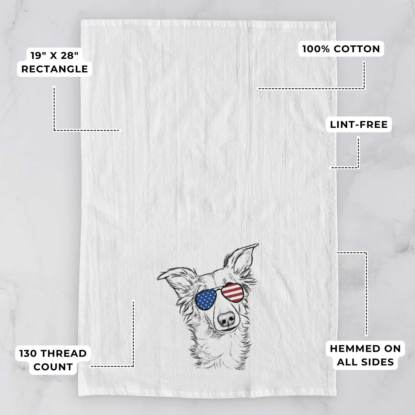 Hand-drawn sketch of Kyu the Windsprite wearing American flag sunglasses on a tea towel, with feature callouts: 19 x 28 inch rectangle, 100% cotton, lint-free, 120 thread count, hemmed on all sides