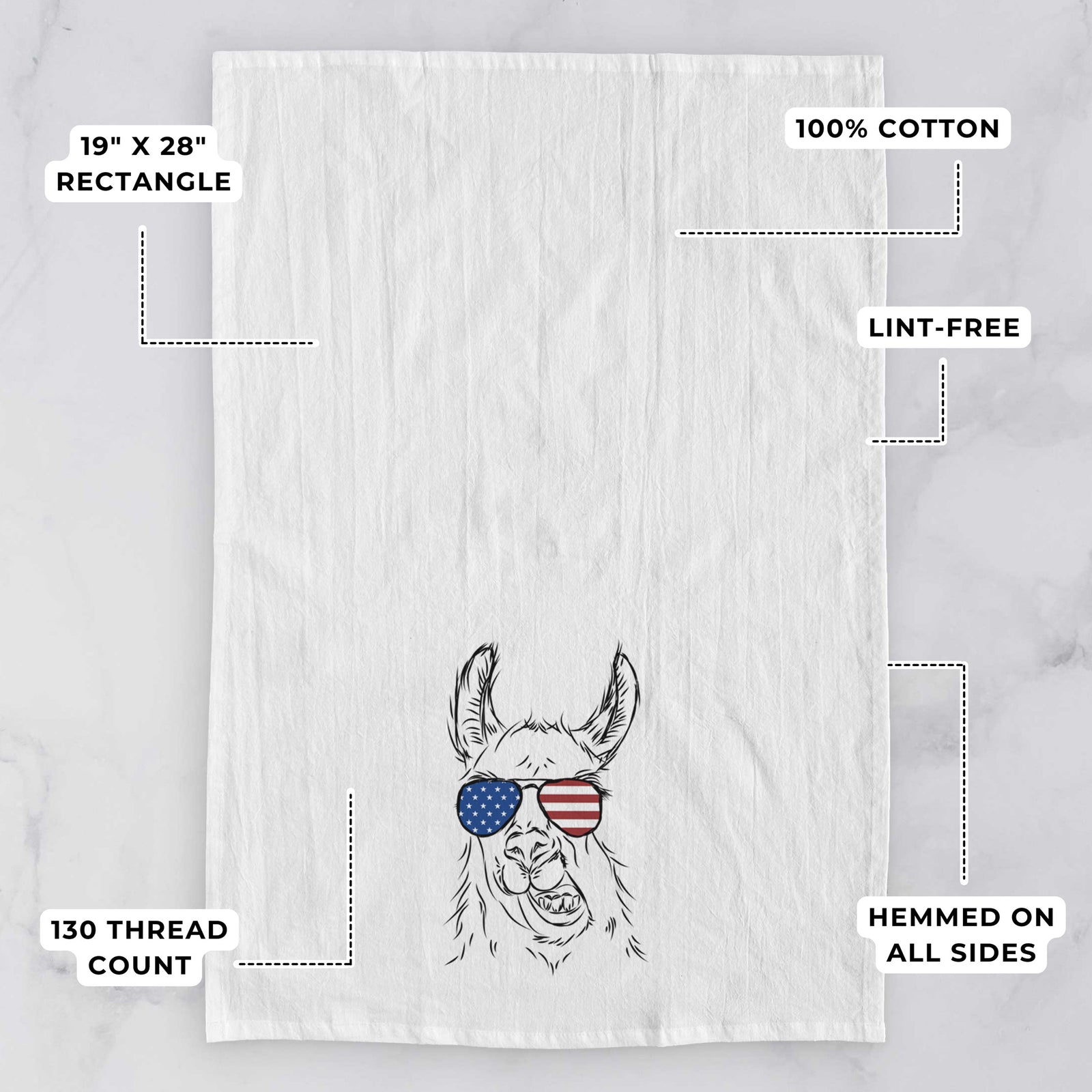 Hand-drawn sketch of Larry the Llama wearing American flag sunglasses on a tea towel, with feature callouts: 19 x 28 inch rectangle, 100% cotton, lint-free, 120 thread count, hemmed on all sides