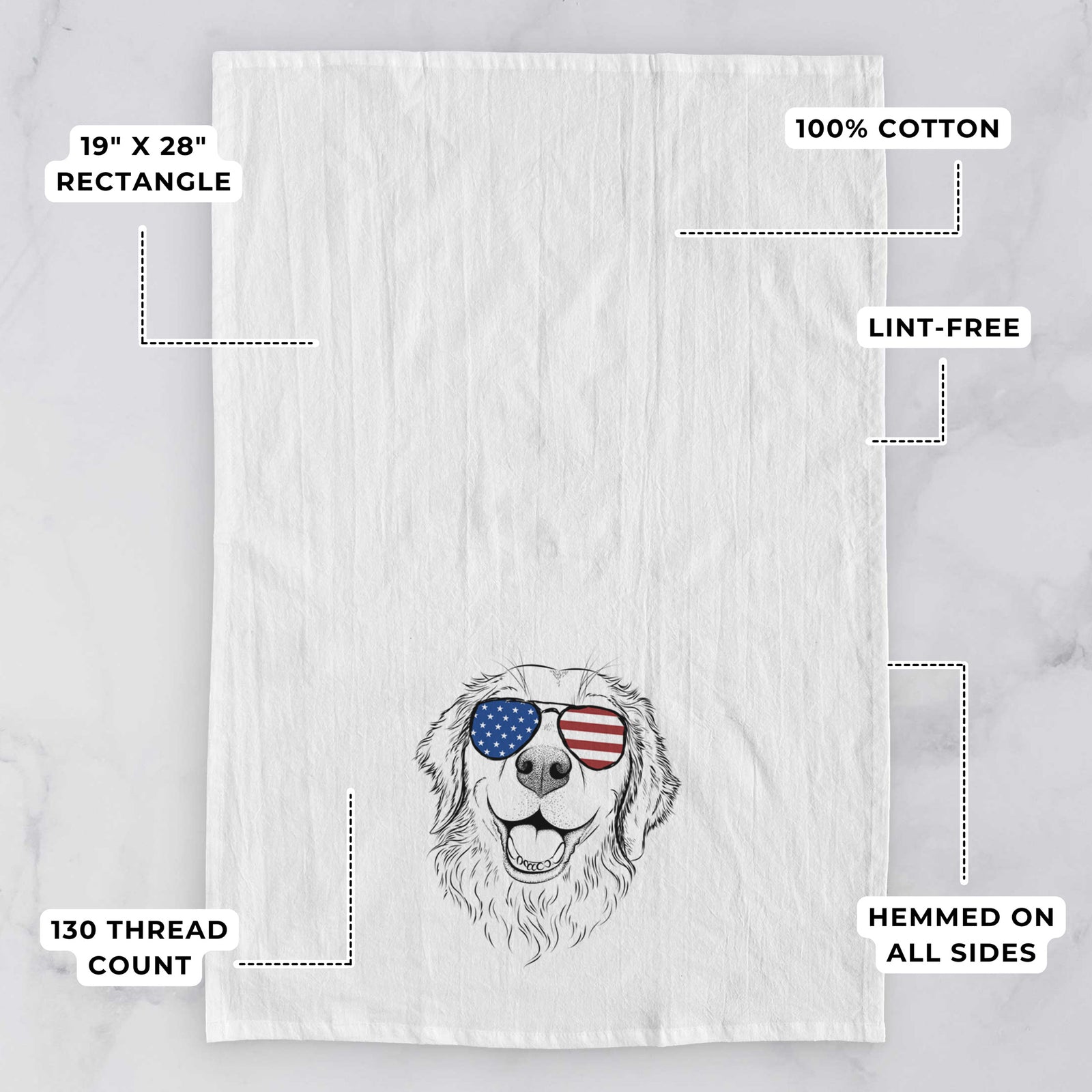 Hand-drawn sketch of Legend the Golden Retriever wearing American flag sunglasses on a tea towel, with feature callouts: 19 x 28 inch rectangle, 100% cotton, lint-free, 120 thread count, hemmed on all sides