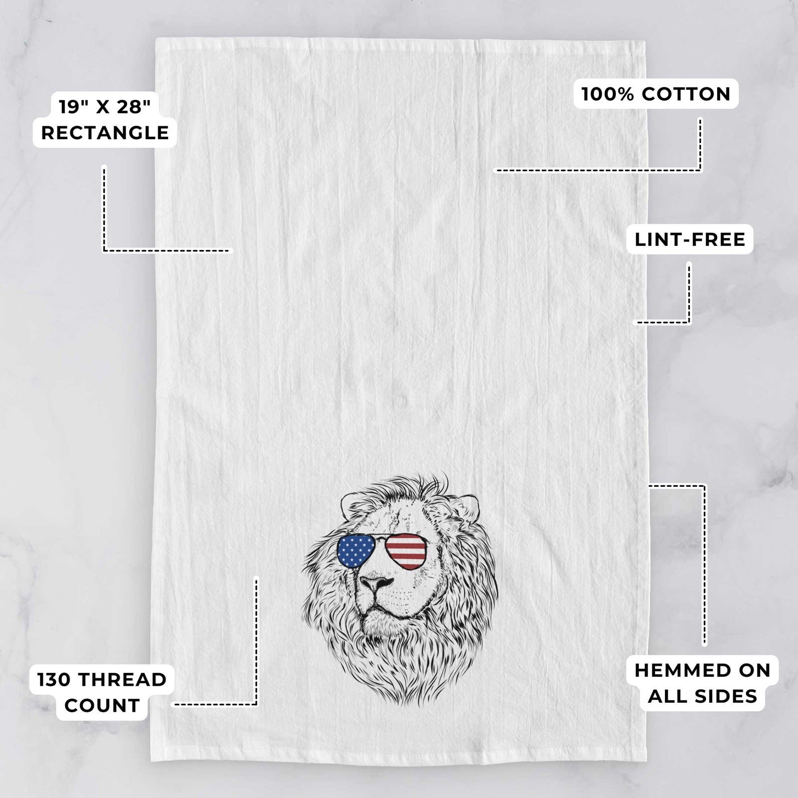 Hand-drawn sketch of Lenny the Lion wearing American flag sunglasses on a tea towel, with feature callouts: 19 x 28 inch rectangle, 100% cotton, lint-free, 120 thread count, hemmed on all sides