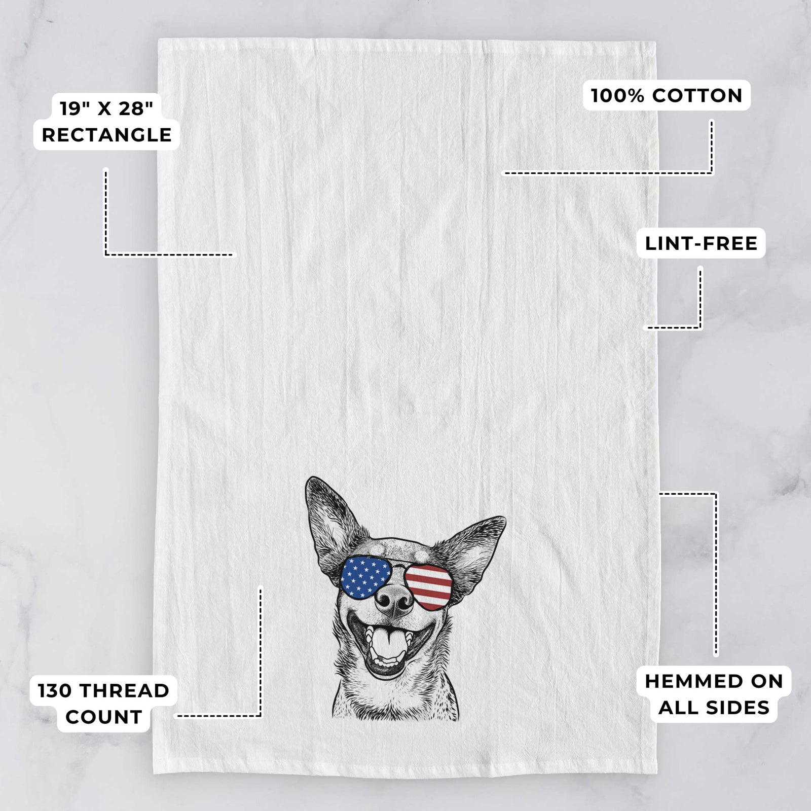 Hand-drawn sketch of Lily the Australian Cattle Dog wearing American flag sunglasses on a tea towel, with feature callouts: 19 x 28 inch rectangle, 100% cotton, lint-free, 120 thread count, hemmed on all sides