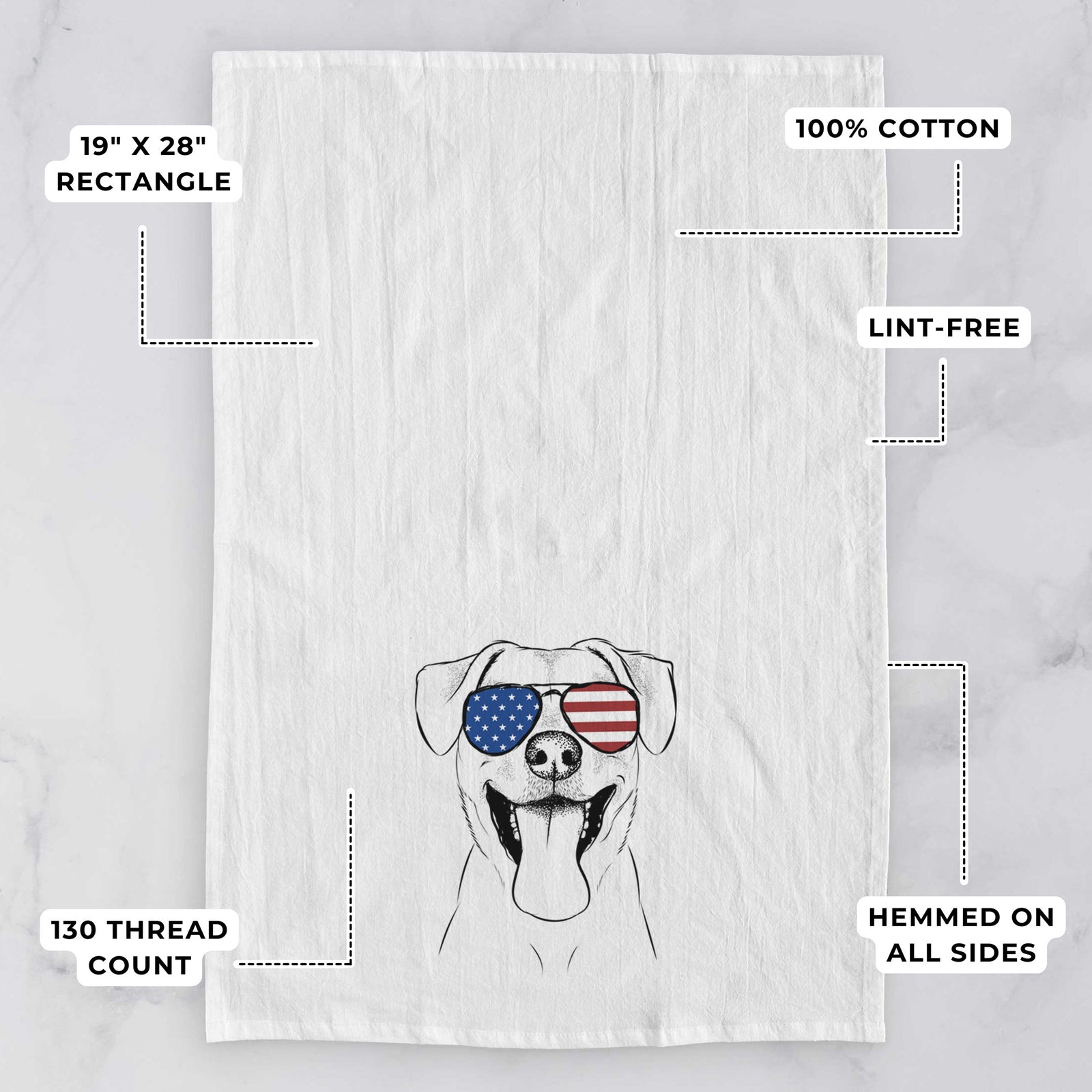 Hand-drawn sketch of Lily Estelle the Mixed Breed wearing American flag sunglasses on a tea towel, with feature callouts: 19 x 28 inch rectangle, 100% cotton, lint-free, 120 thread count, hemmed on all sides