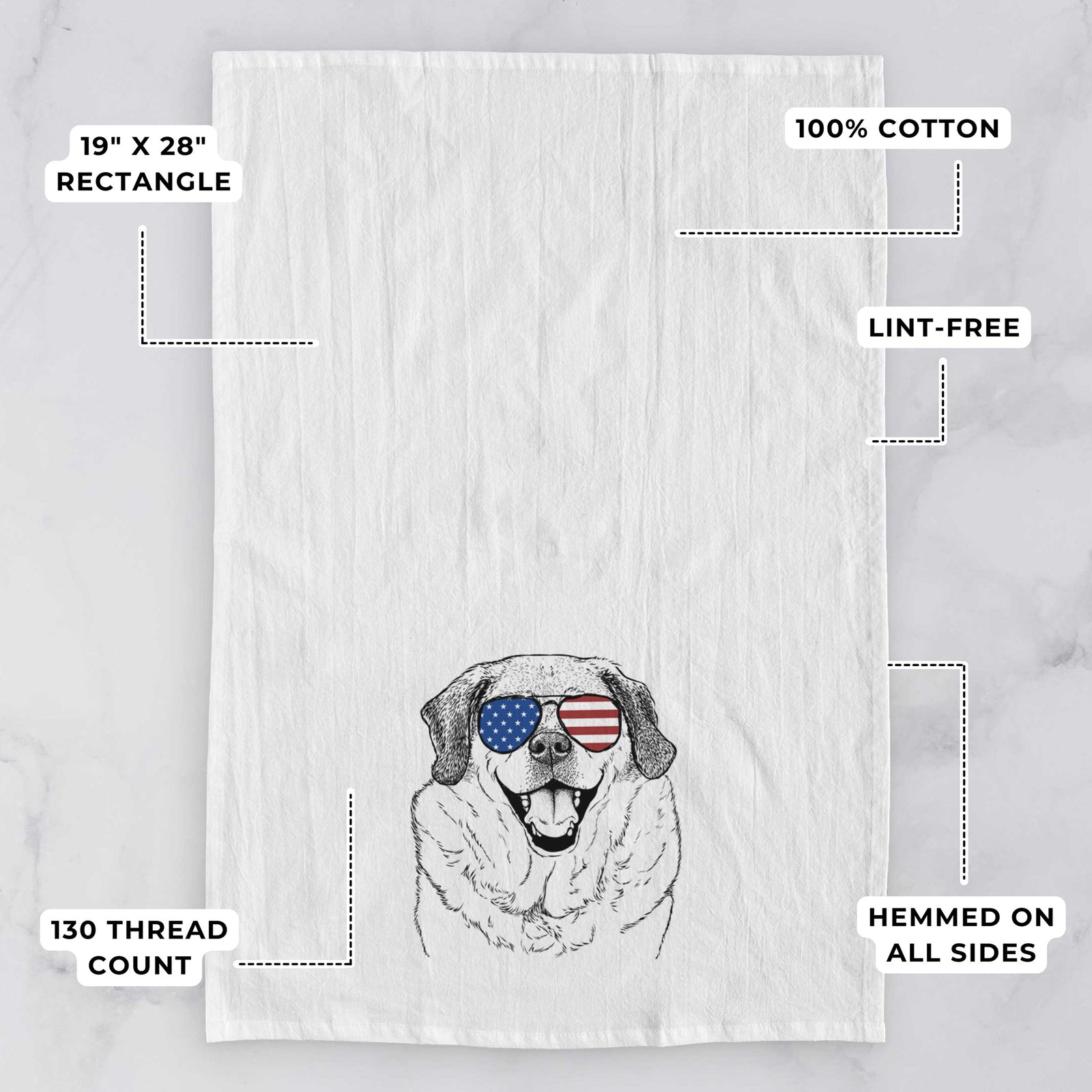 Hand-drawn sketch of Little Man the Puggle wearing American flag sunglasses on a tea towel, with feature callouts: 19 x 28 inch rectangle, 100% cotton, lint-free, 120 thread count, hemmed on all sides