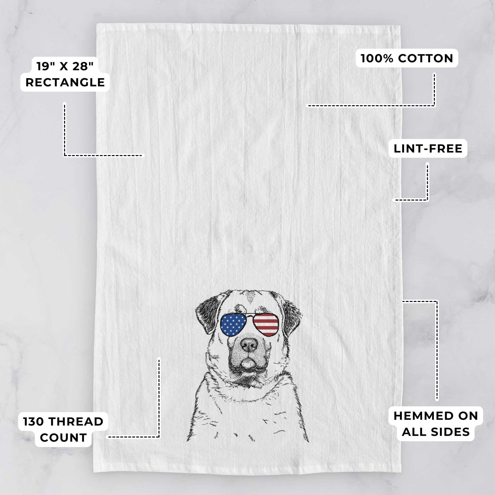 Hand-drawn sketch of Loca the Anatolian Shepherd wearing American flag sunglasses on a tea towel, with feature callouts: 19 x 28 inch rectangle, 100% cotton, lint-free, 120 thread count, hemmed on all sides
