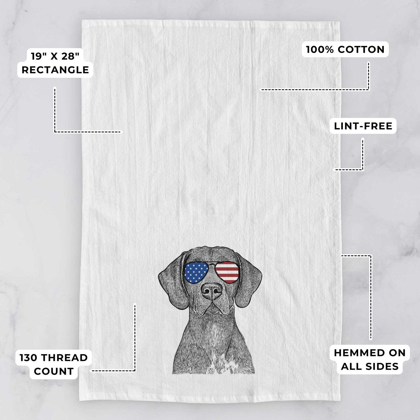 Hand-drawn sketch of Lucifer the German Shorthaired Pointer wearing American flag sunglasses on a tea towel, with feature callouts: 19 x 28 inch rectangle, 100% cotton, lint-free, 120 thread count, hemmed on all sides