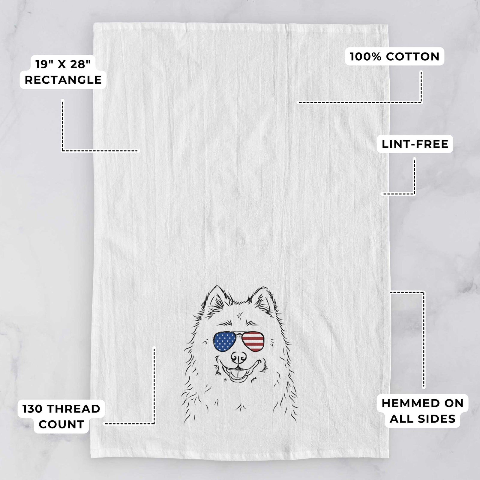 Hand-drawn sketch of Luka the Samoyed wearing American flag sunglasses on a tea towel, with feature callouts: 19 x 28 inch rectangle, 100% cotton, lint-free, 120 thread count, hemmed on all sides