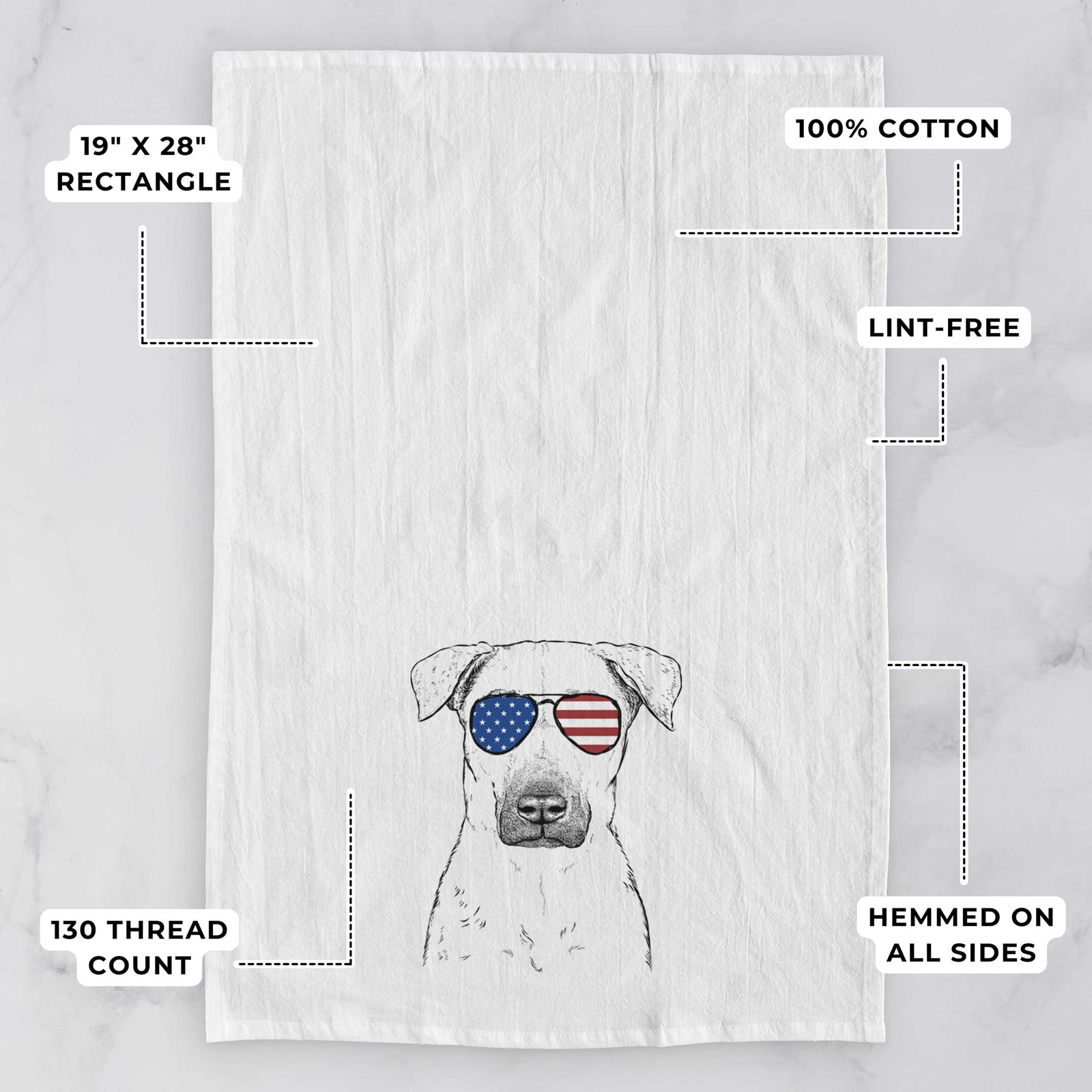 Hand-drawn sketch of Luna the Black Mouth Cur wearing American flag sunglasses on a tea towel, with feature callouts: 19 x 28 inch rectangle, 100% cotton, lint-free, 120 thread count, hemmed on all sides