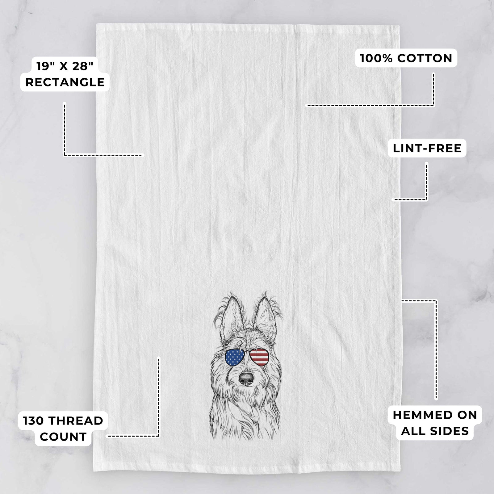 Hand-drawn sketch of Luna the Berger Picard wearing American flag sunglasses on a tea towel, with feature callouts: 19 x 28 inch rectangle, 100% cotton, lint-free, 120 thread count, hemmed on all sides