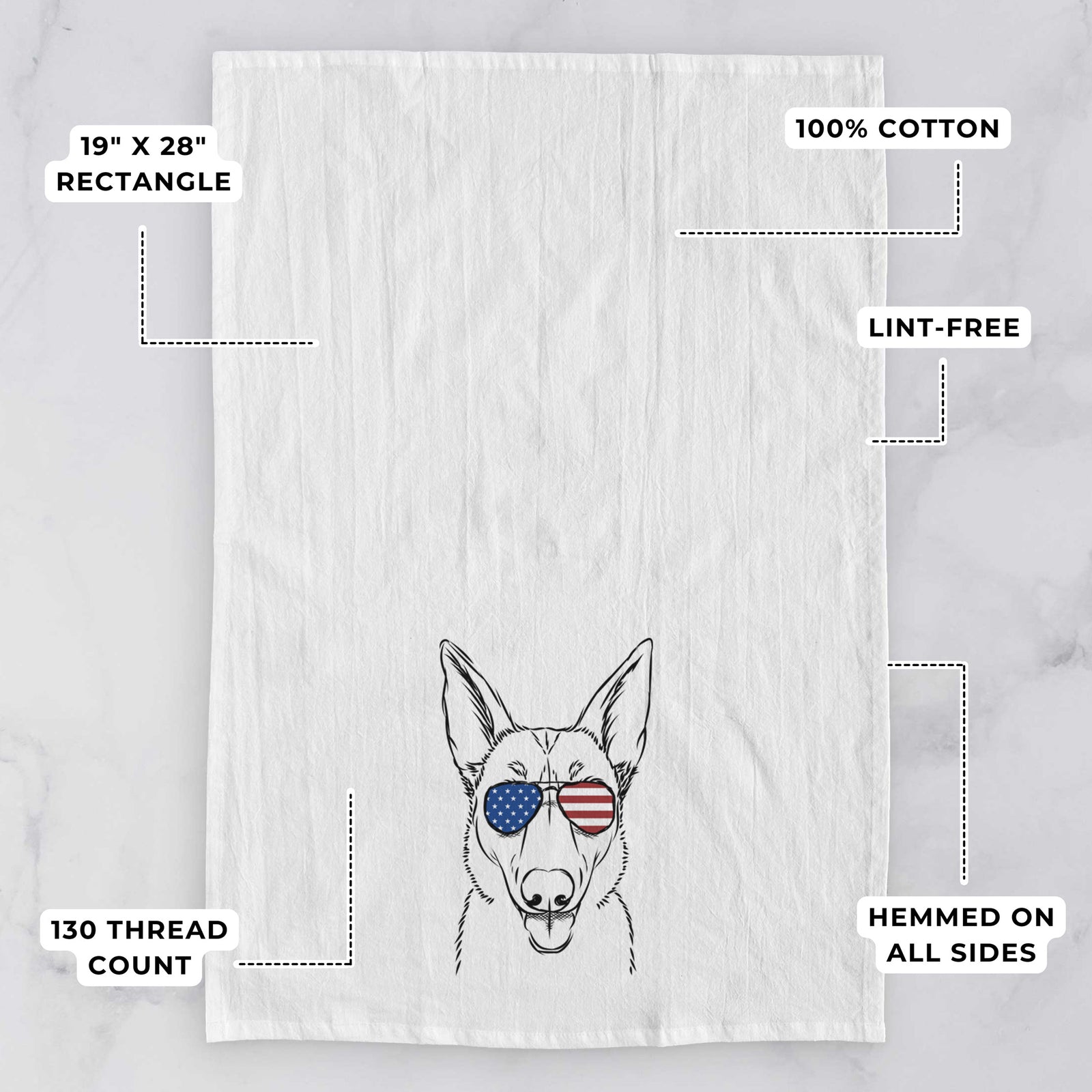 Hand-drawn sketch of Lyric the Belgian Malinois wearing American flag sunglasses on a tea towel, with feature callouts: 19 x 28 inch rectangle, 100% cotton, lint-free, 120 thread count, hemmed on all sides