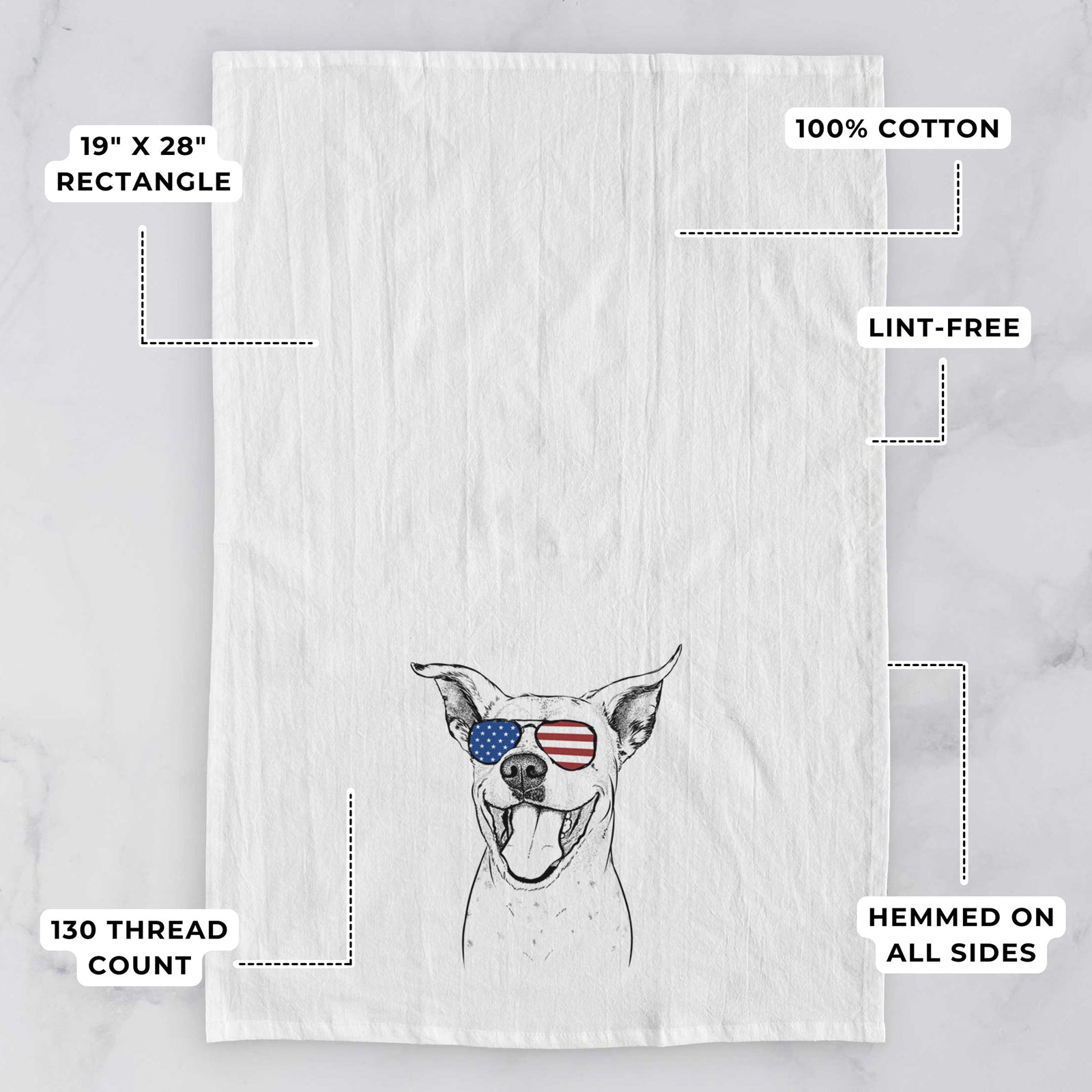 Hand-drawn sketch of Maddie the Dalmatian Pitbull Mix wearing American flag sunglasses on a tea towel, with feature callouts: 19 x 28 inch rectangle, 100% cotton, lint-free, 120 thread count, hemmed on all sides