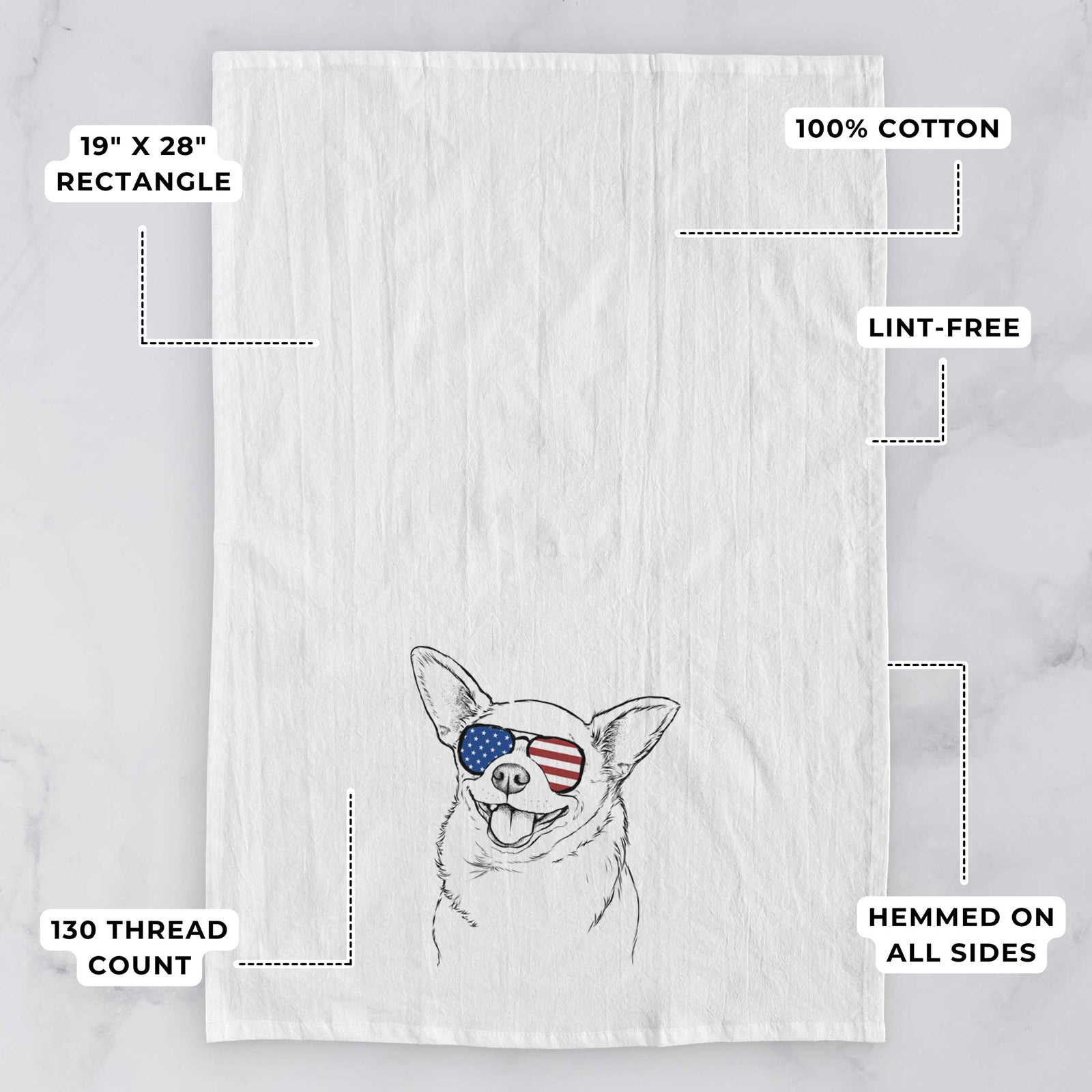 Hand-drawn sketch of Maddison Pearl the Chihuahua wearing American flag sunglasses on a tea towel, with feature callouts: 19 x 28 inch rectangle, 100% cotton, lint-free, 120 thread count, hemmed on all sides
