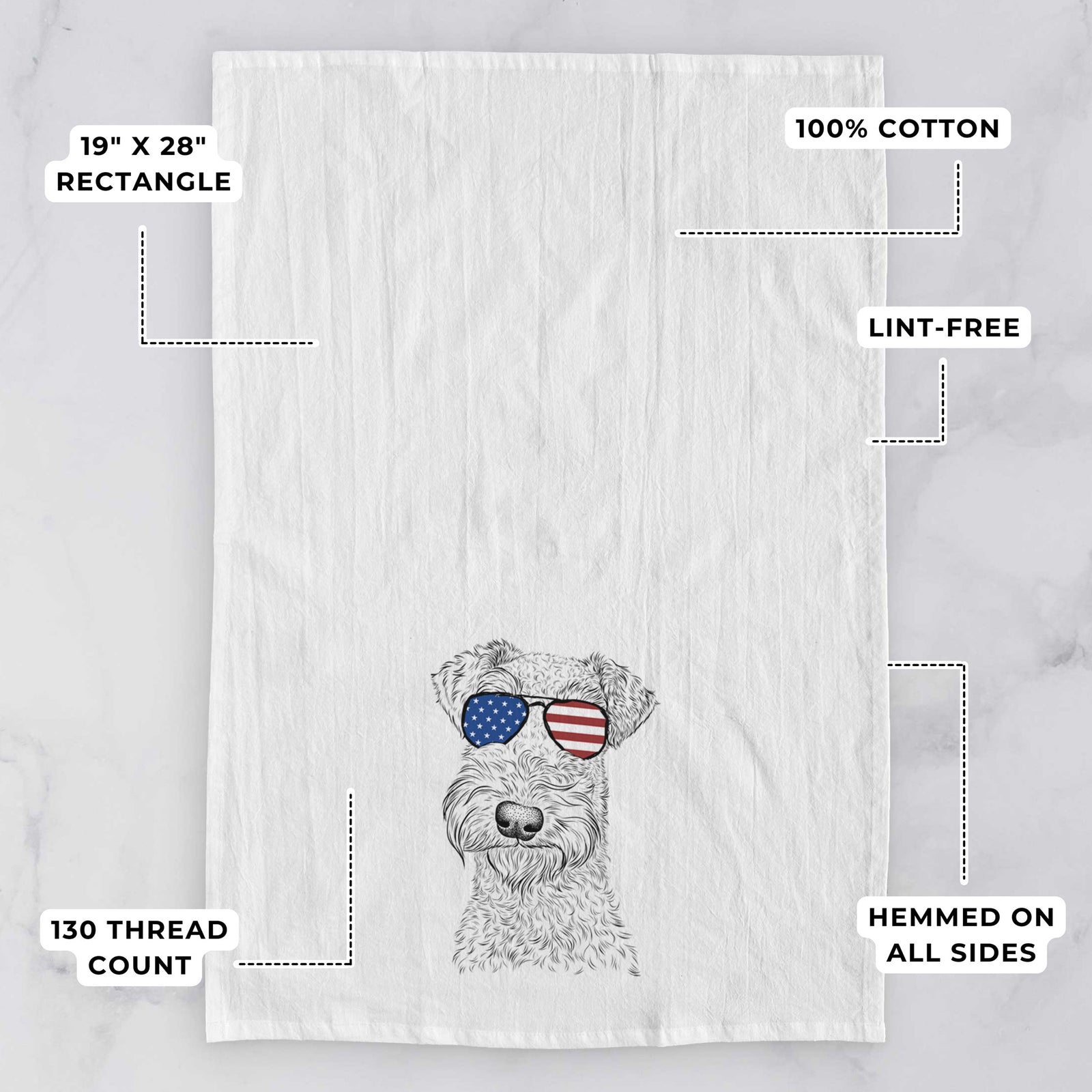 Hand-drawn sketch of Roc Haven Maggie May the Airedale Terrier wearing American flag sunglasses on a tea towel, with feature callouts: 19 x 28 inch rectangle, 100% cotton, lint-free, 120 thread count, hemmed on all sides