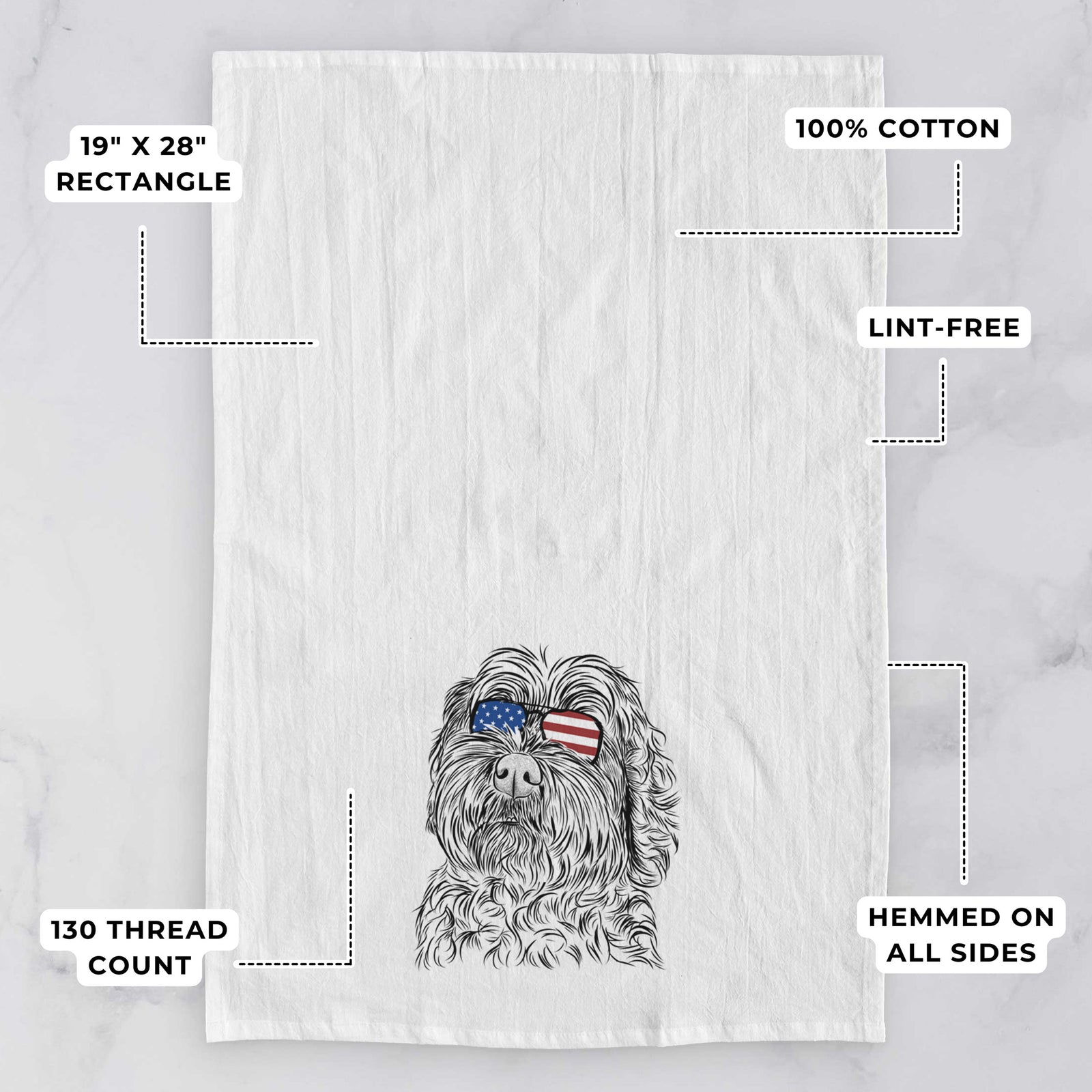 Hand-drawn sketch of Maggie Girl the Cockapoo wearing American flag sunglasses on a tea towel, with feature callouts: 19 x 28 inch rectangle, 100% cotton, lint-free, 120 thread count, hemmed on all sides