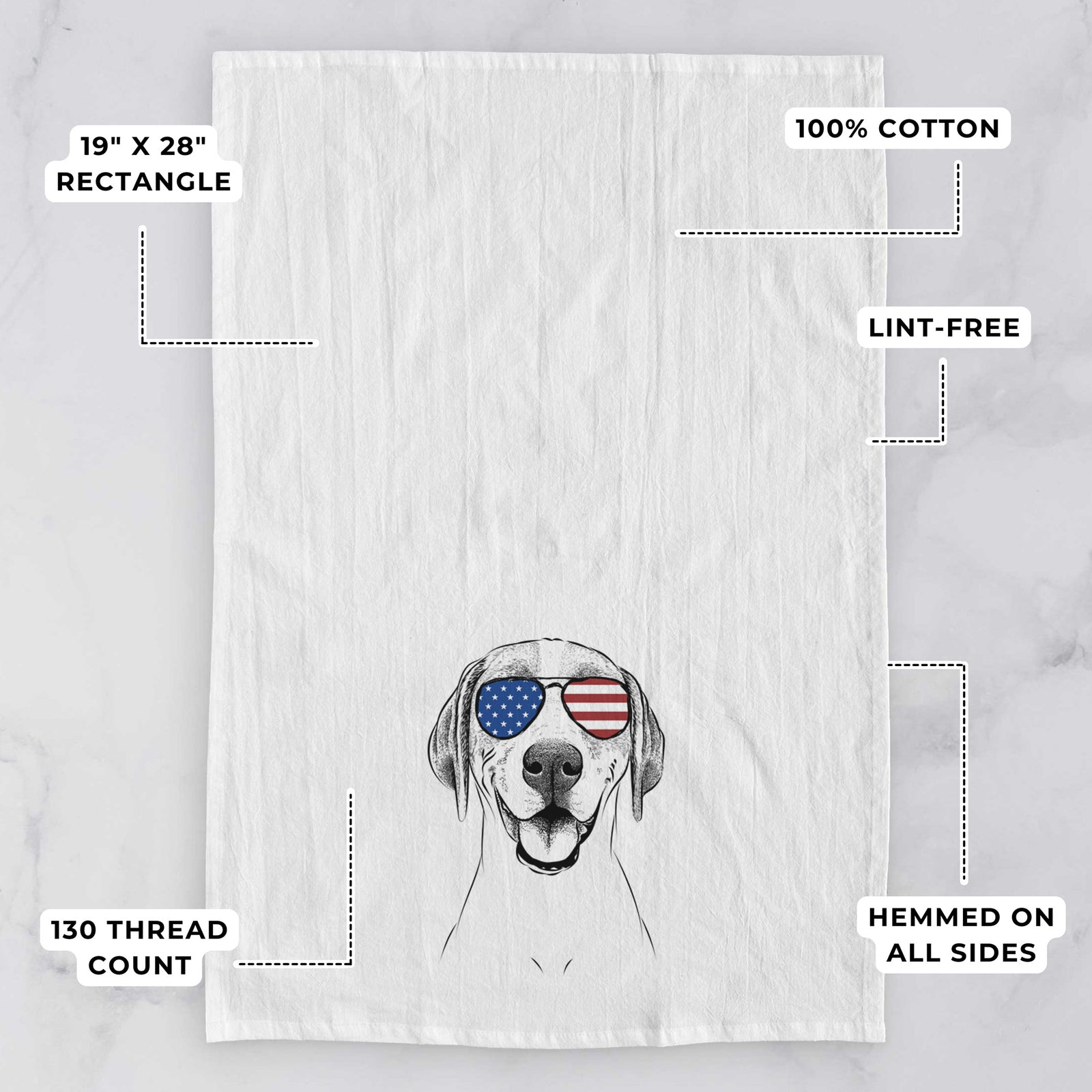 Hand-drawn sketch of Maggie the Treeing Walker Coonhound wearing American flag sunglasses on a tea towel, with feature callouts: 19 x 28 inch rectangle, 100% cotton, lint-free, 120 thread count, hemmed on all sides