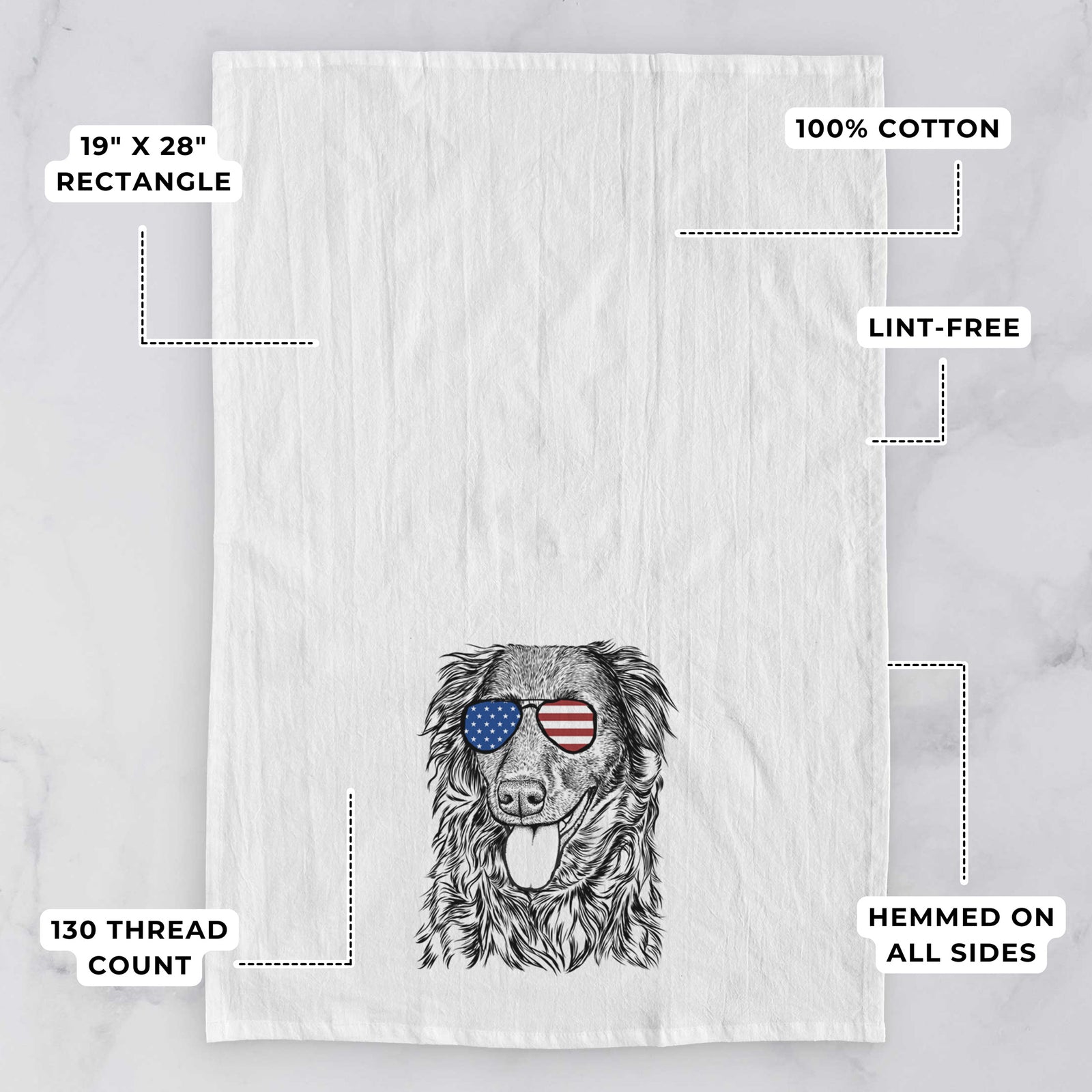 Hand-drawn sketch of Maisie Mae the Aussiedor wearing American flag sunglasses on a tea towel, with feature callouts: 19 x 28 inch rectangle, 100% cotton, lint-free, 120 thread count, hemmed on all sides