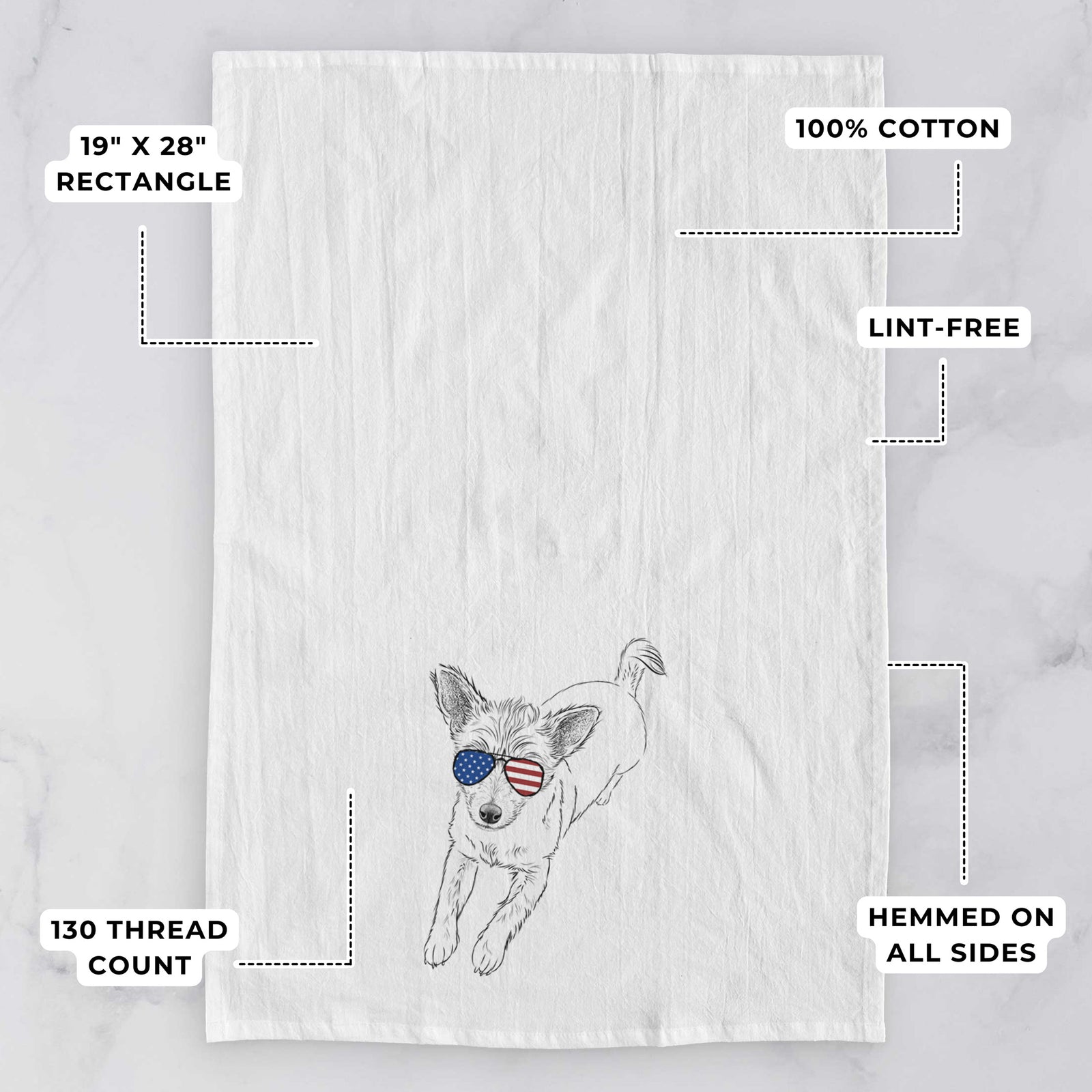 Hand-drawn sketch of Maisie the Terrier Mix wearing American flag sunglasses on a tea towel, with feature callouts: 19 x 28 inch rectangle, 100% cotton, lint-free, 120 thread count, hemmed on all sides