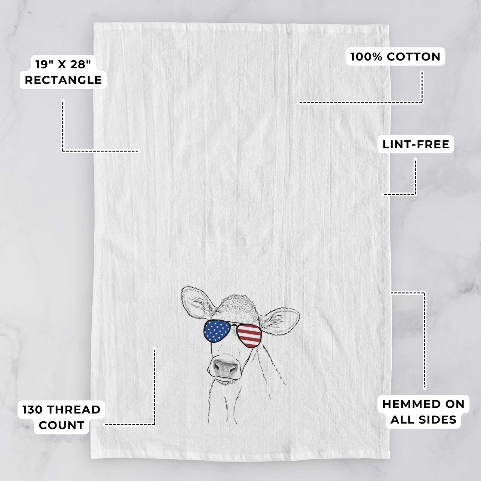Hand-drawn sketch of Malu the Cow wearing American flag sunglasses on a tea towel, with feature callouts: 19 x 28 inch rectangle, 100% cotton, lint-free, 120 thread count, hemmed on all sides