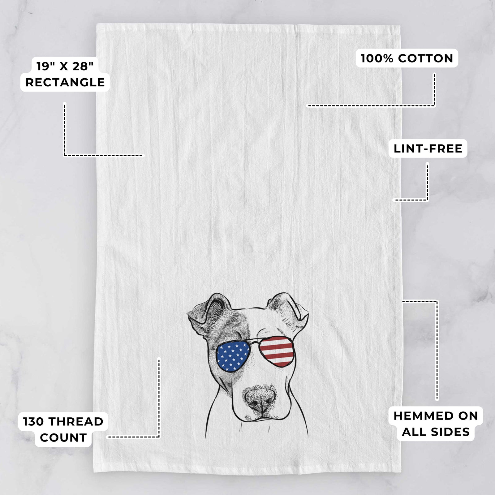 Hand-drawn sketch of Manchi the Pitbull Mix wearing American flag sunglasses on a tea towel, with feature callouts: 19 x 28 inch rectangle, 100% cotton, lint-free, 120 thread count, hemmed on all sides