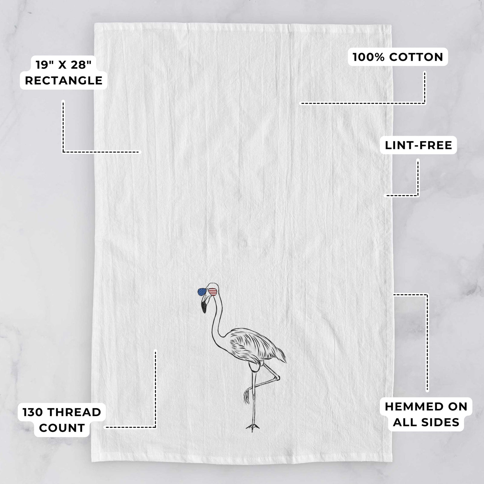 Hand-drawn sketch of Mango the Flamingo wearing American flag sunglasses on a tea towel, with feature callouts: 19 x 28 inch rectangle, 100% cotton, lint-free, 120 thread count, hemmed on all sides
