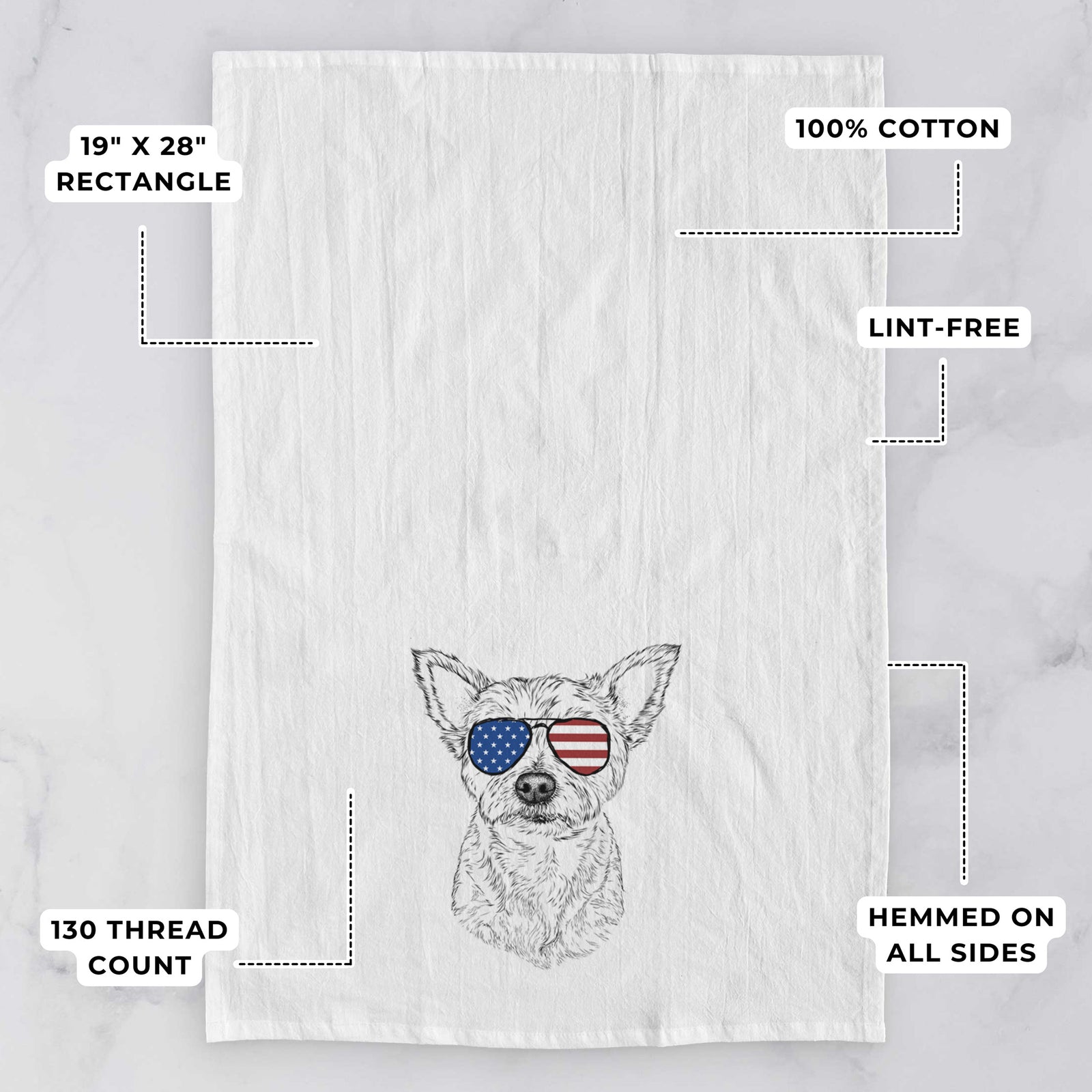 Hand-drawn sketch of Mango the Yorker Cairn Terrier Mix wearing American flag sunglasses on a tea towel, with feature callouts: 19 x 28 inch rectangle, 100% cotton, lint-free, 120 thread count, hemmed on all sides