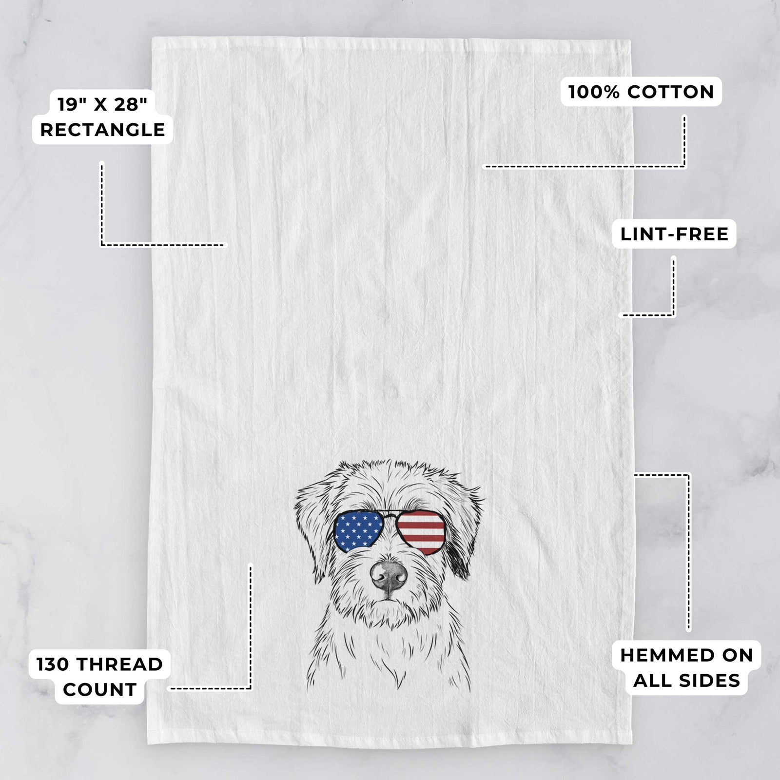 Hand-drawn sketch of Marek the Bernedoodle wearing American flag sunglasses on a tea towel, with feature callouts: 19 x 28 inch rectangle, 100% cotton, lint-free, 120 thread count, hemmed on all sides