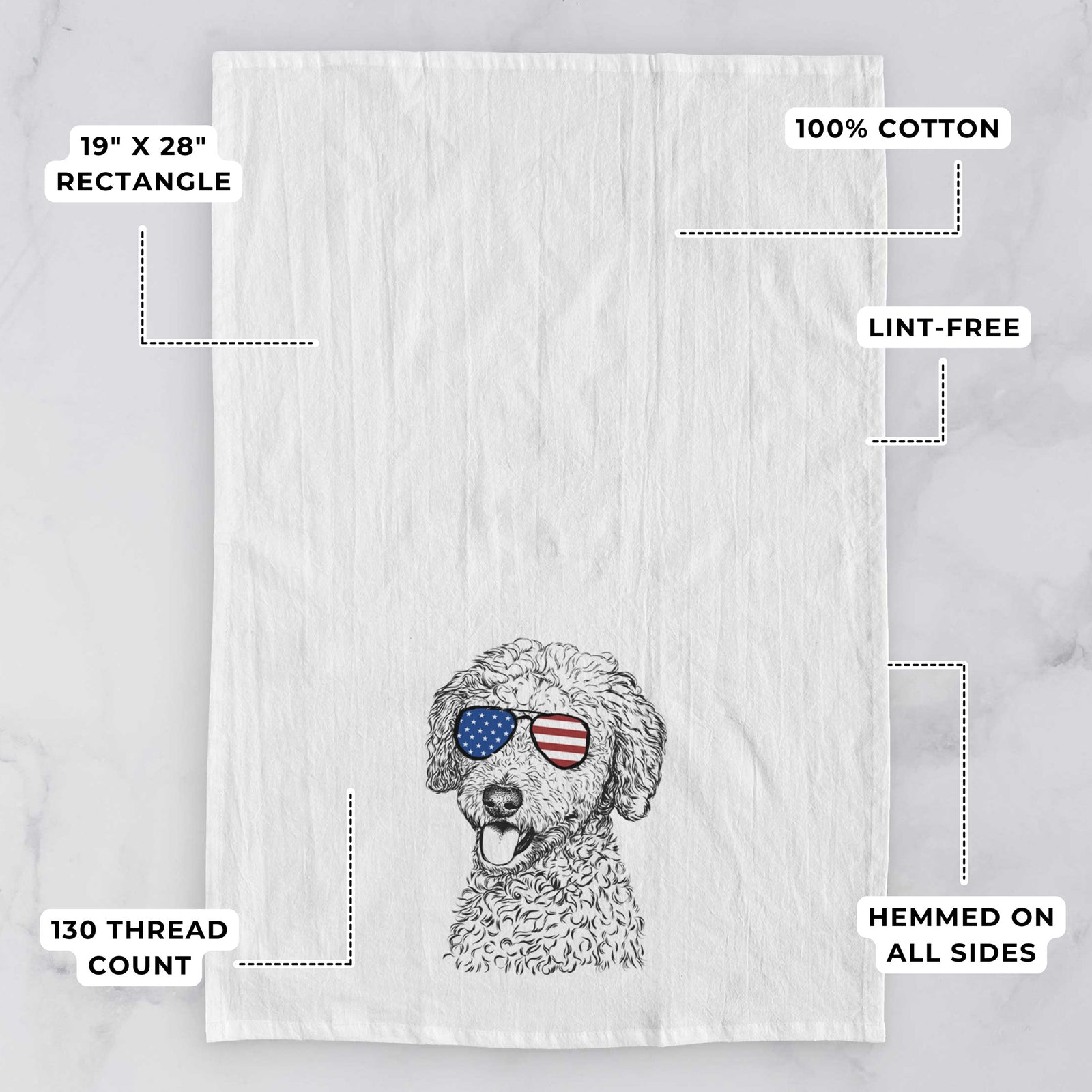 Hand-drawn sketch of Marlow the Goldendoodle wearing American flag sunglasses on a tea towel, with feature callouts: 19 x 28 inch rectangle, 100% cotton, lint-free, 120 thread count, hemmed on all sides