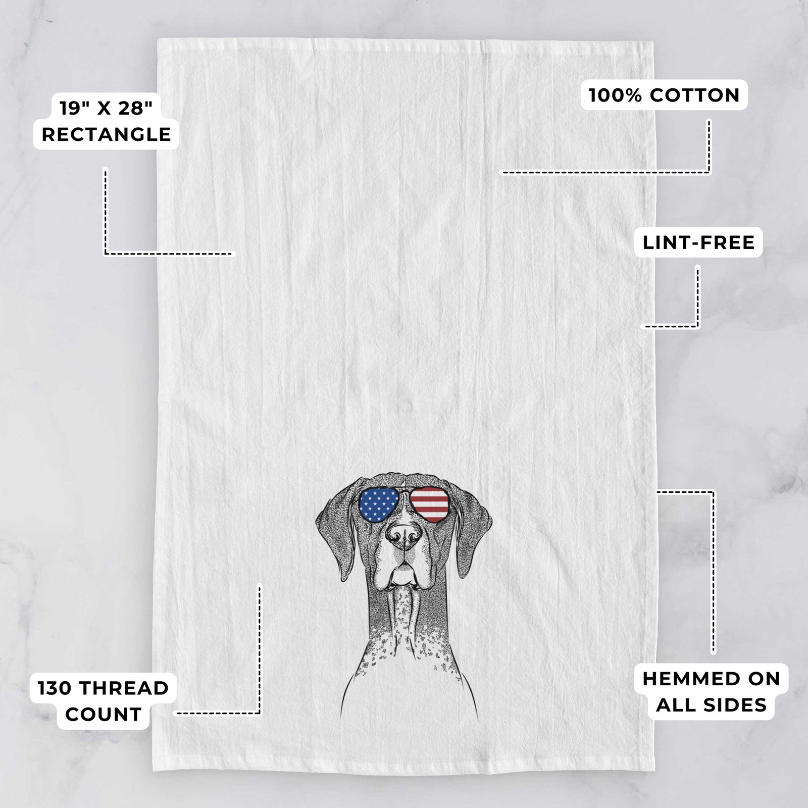 Hand-drawn sketch of Mattis the German Shorthaired Pointer wearing American flag sunglasses on a tea towel, with feature callouts: 19 x 28 inch rectangle, 100% cotton, lint-free, 120 thread count, hemmed on all sides