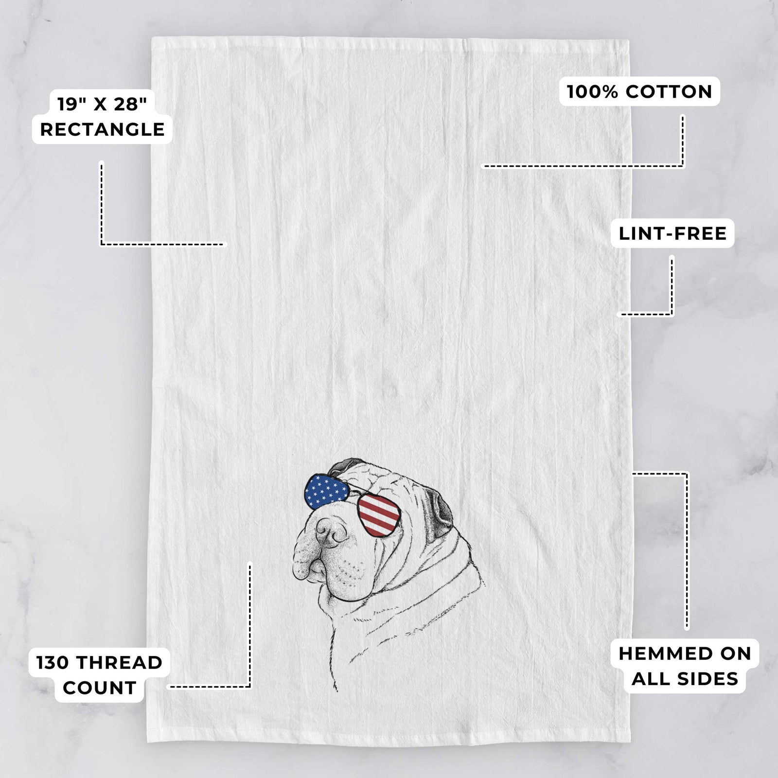Hand-drawn sketch of Maximus the Shar Pei wearing American flag sunglasses on a tea towel, with feature callouts: 19 x 28 inch rectangle, 100% cotton, lint-free, 120 thread count, hemmed on all sides