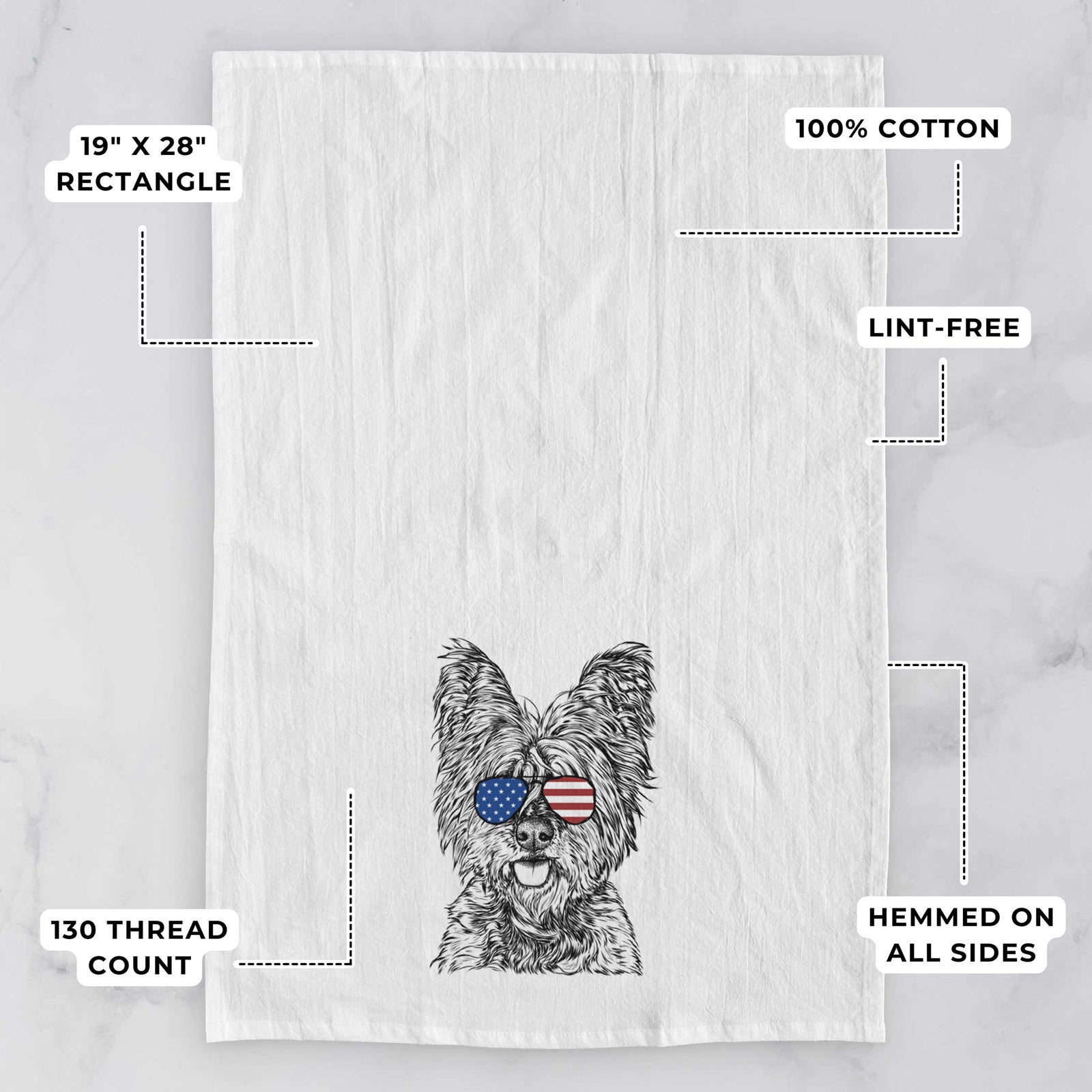 Hand-drawn sketch of McDuff the Cairn Terrier wearing American flag sunglasses on a tea towel, with feature callouts: 19 x 28 inch rectangle, 100% cotton, lint-free, 120 thread count, hemmed on all sides