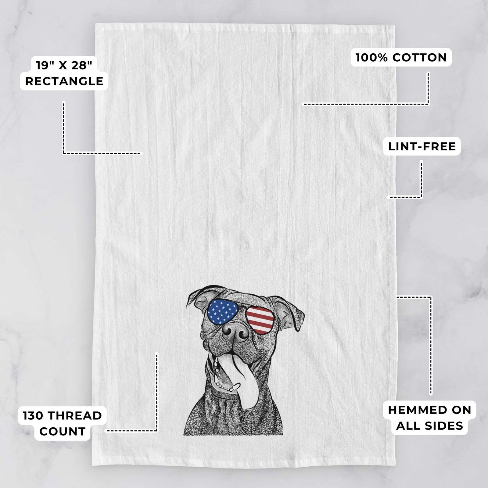 Hand-drawn sketch of Mikey the Boxador wearing American flag sunglasses on a tea towel, with feature callouts: 19 x 28 inch rectangle, 100% cotton, lint-free, 120 thread count, hemmed on all sides