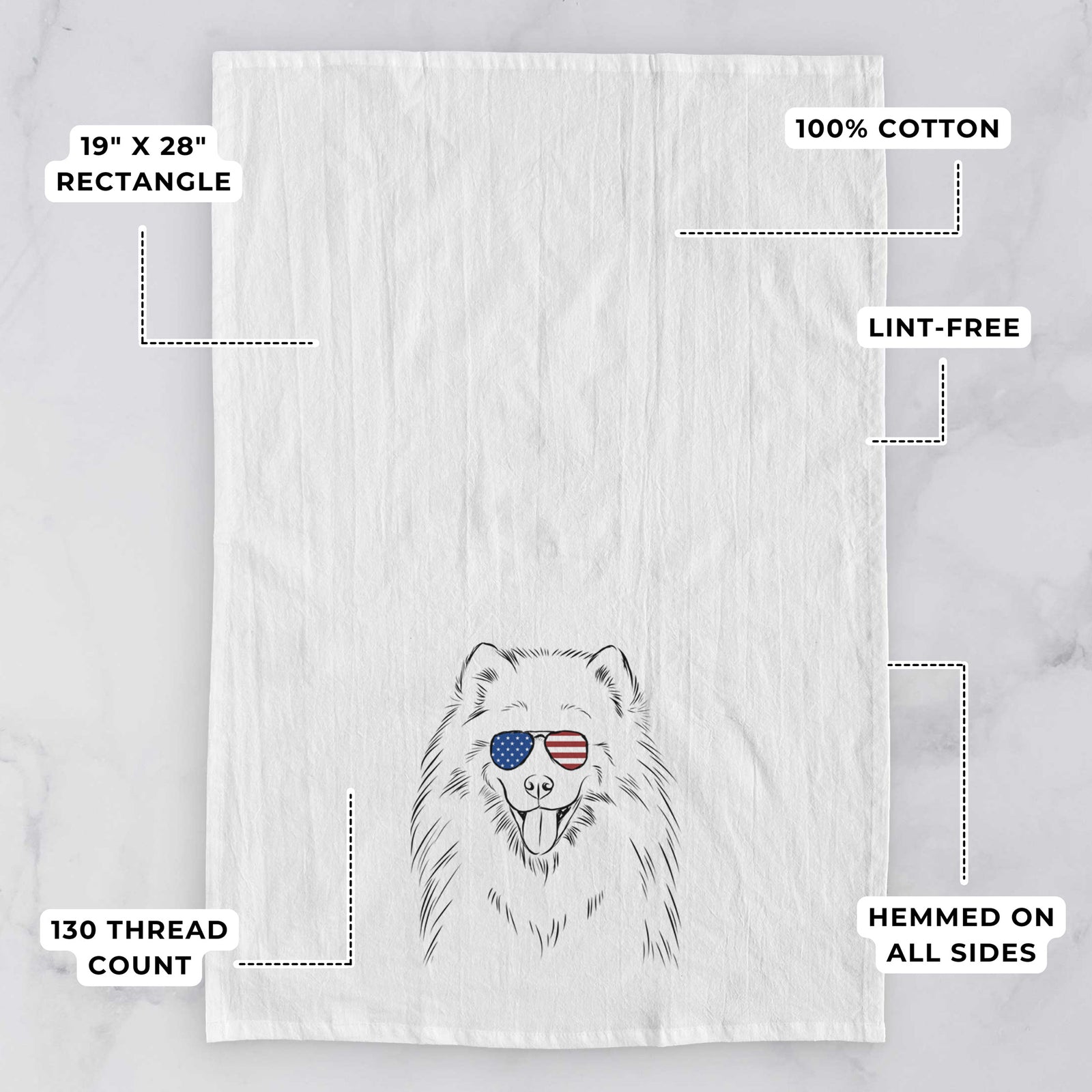 Hand-drawn sketch of Mikko the Samoyed wearing American flag sunglasses on a tea towel, with feature callouts: 19 x 28 inch rectangle, 100% cotton, lint-free, 120 thread count, hemmed on all sides