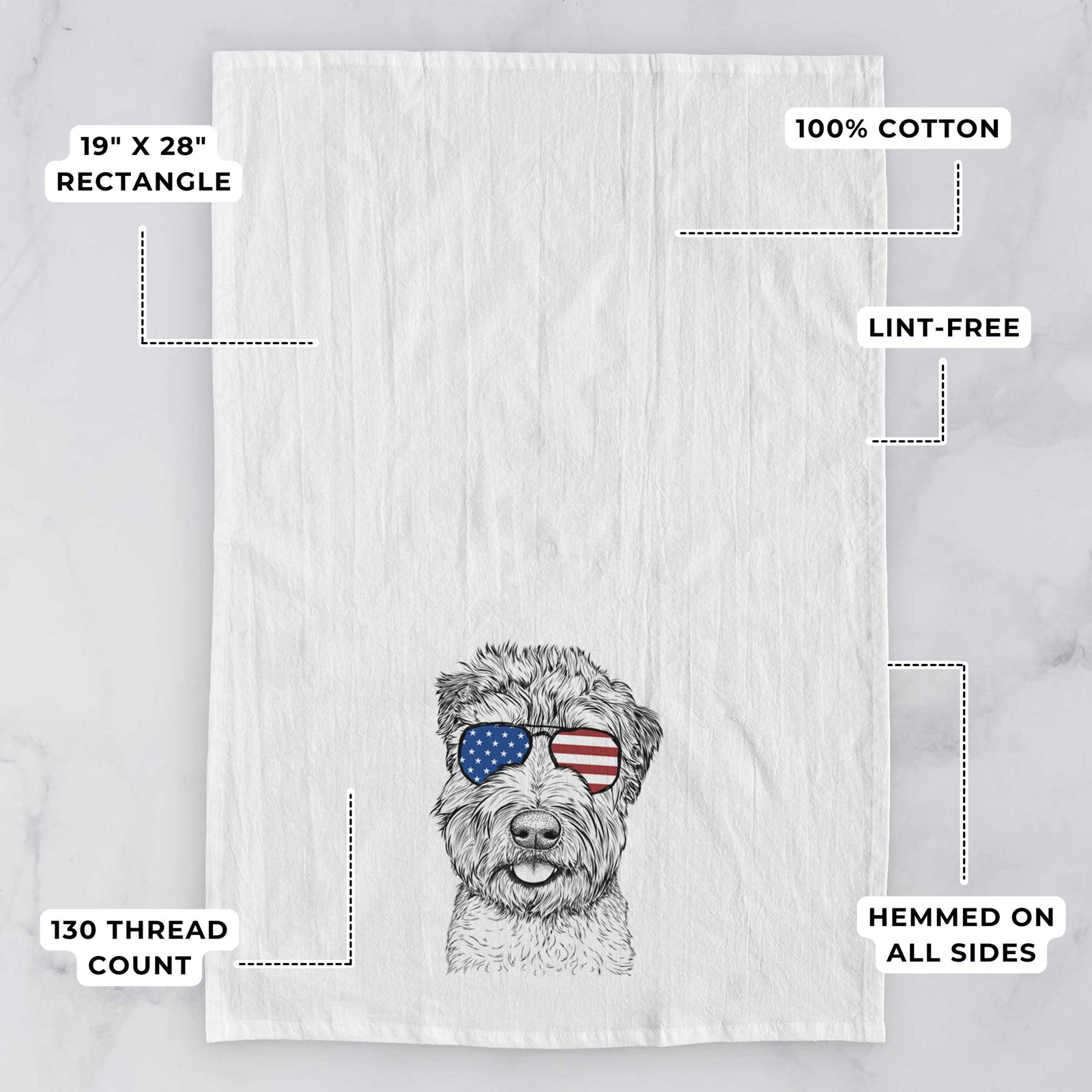 Hand-drawn sketch of Milton the Soft Coated Wheaten Terrier wearing American flag sunglasses on a tea towel, with feature callouts: 19 x 28 inch rectangle, 100% cotton, lint-free, 120 thread count, hemmed on all sides