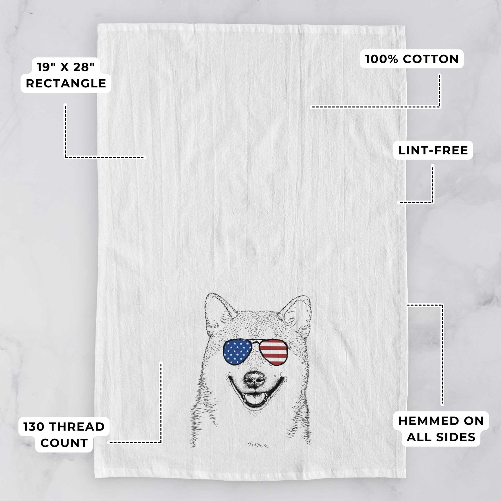 Hand-drawn sketch of Mitsu the Shiba Inu wearing American flag sunglasses on a tea towel, with feature callouts: 19 x 28 inch rectangle, 100% cotton, lint-free, 120 thread count, hemmed on all sides