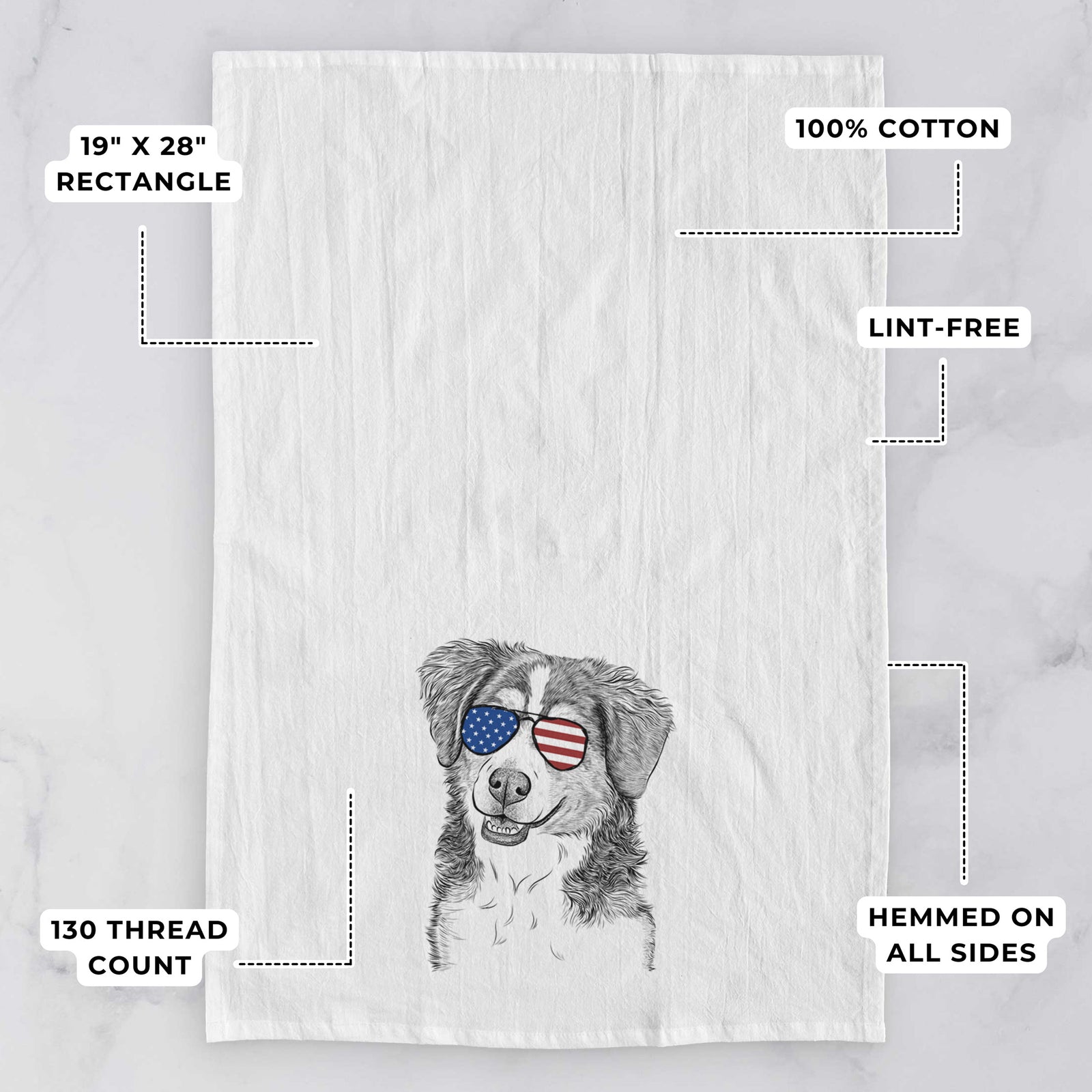 Hand-drawn sketch of Molly the Miniature Bernedoodle wearing American flag sunglasses on a tea towel, with feature callouts: 19 x 28 inch rectangle, 100% cotton, lint-free, 120 thread count, hemmed on all sides