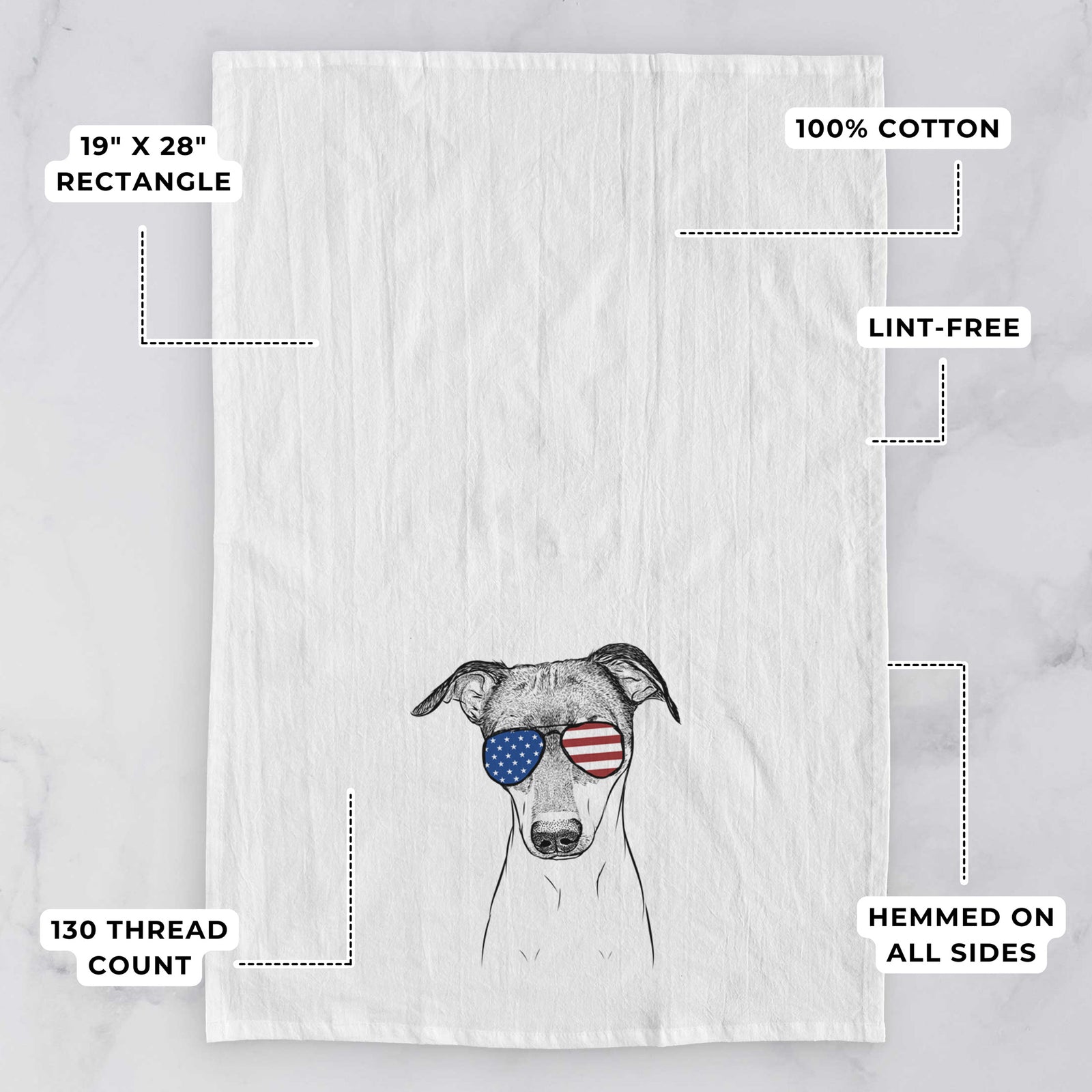Hand-drawn sketch of Momo the Japanese Terrier wearing American flag sunglasses on a tea towel, with feature callouts: 19 x 28 inch rectangle, 100% cotton, lint-free, 120 thread count, hemmed on all sides