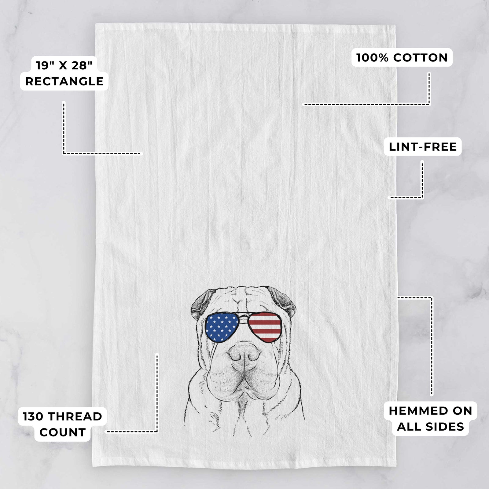 Hand-drawn sketch of Moomers the Shar Pei wearing American flag sunglasses on a tea towel, with feature callouts: 19 x 28 inch rectangle, 100% cotton, lint-free, 120 thread count, hemmed on all sides
