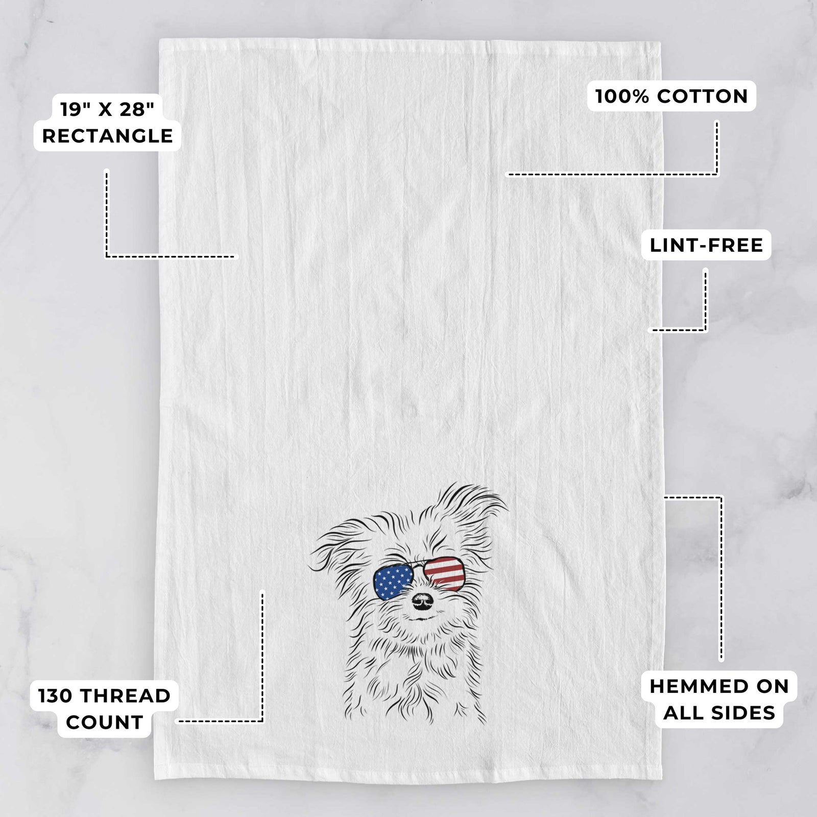 Hand-drawn sketch of Mr. Gucci Poochi the Maltese wearing American flag sunglasses on a tea towel, with feature callouts: 19 x 28 inch rectangle, 100% cotton, lint-free, 120 thread count, hemmed on all sides