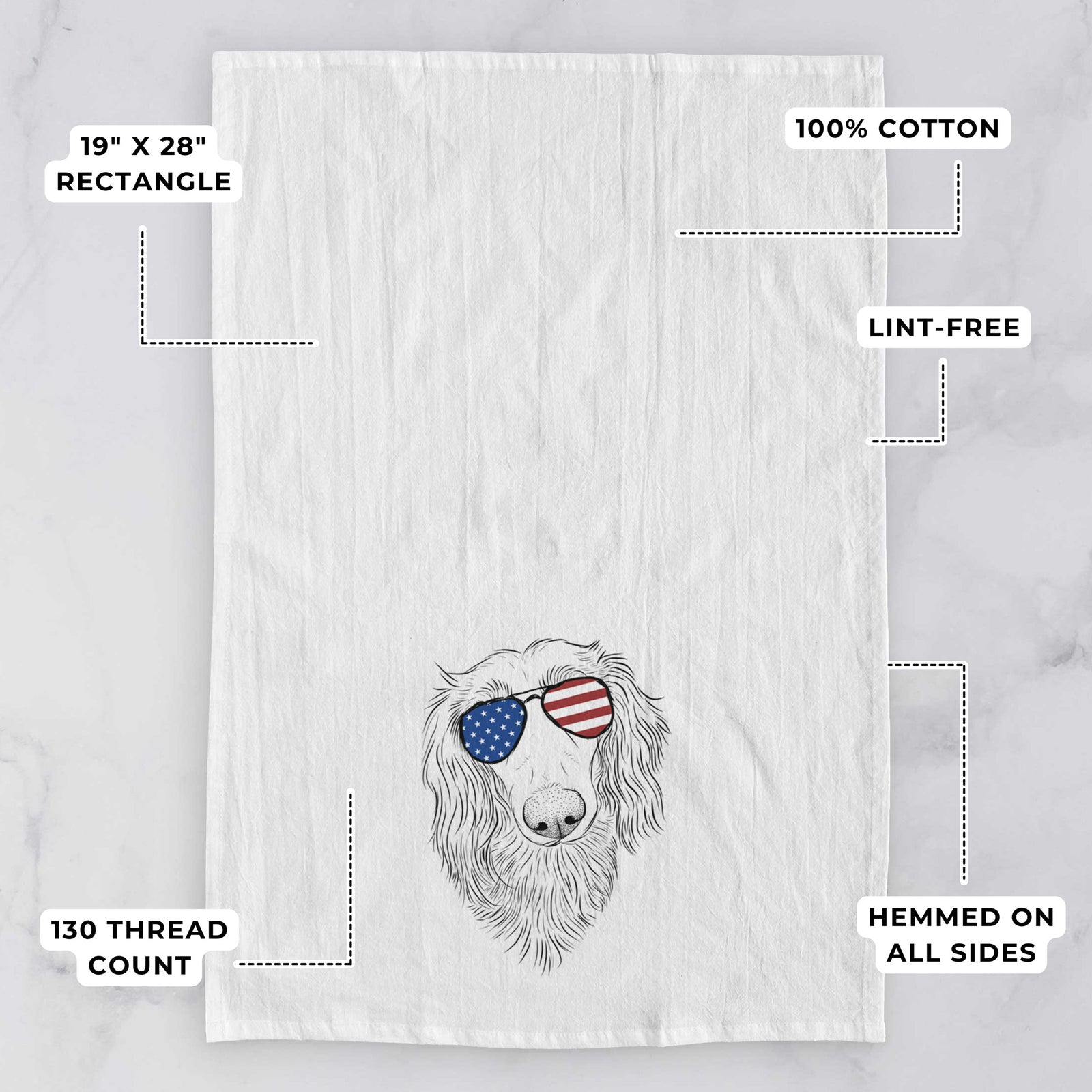 Hand-drawn sketch of Mr. Rusty the Long Haired Dachshund wearing American flag sunglasses on a tea towel, with feature callouts: 19 x 28 inch rectangle, 100% cotton, lint-free, 120 thread count, hemmed on all sides