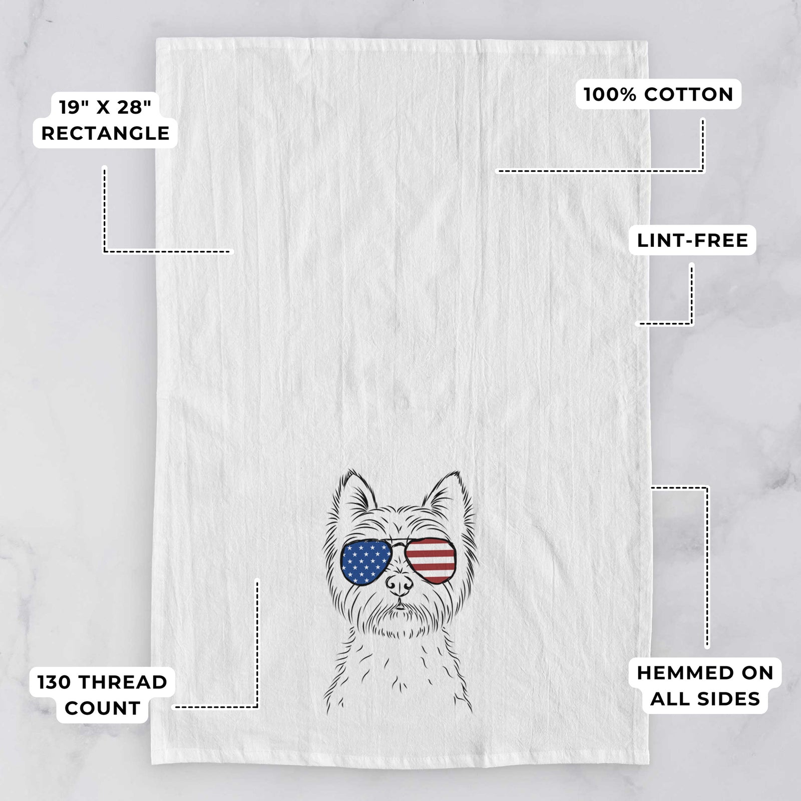 Hand-drawn sketch of Murphy the West Highland Terrier wearing American flag sunglasses on a tea towel, with feature callouts: 19 x 28 inch rectangle, 100% cotton, lint-free, 120 thread count, hemmed on all sides