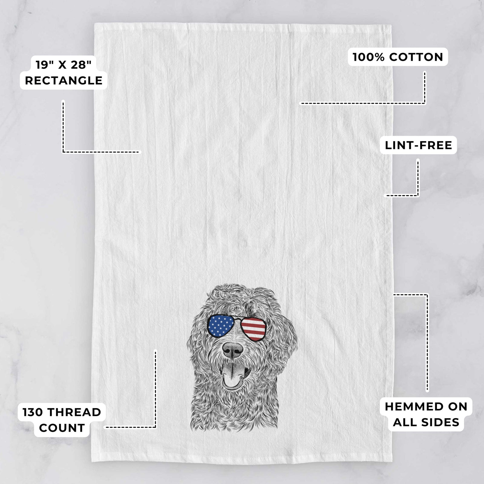 Hand-drawn sketch of Murr Dog the Labradoodle wearing American flag sunglasses on a tea towel, with feature callouts: 19 x 28 inch rectangle, 100% cotton, lint-free, 120 thread count, hemmed on all sides