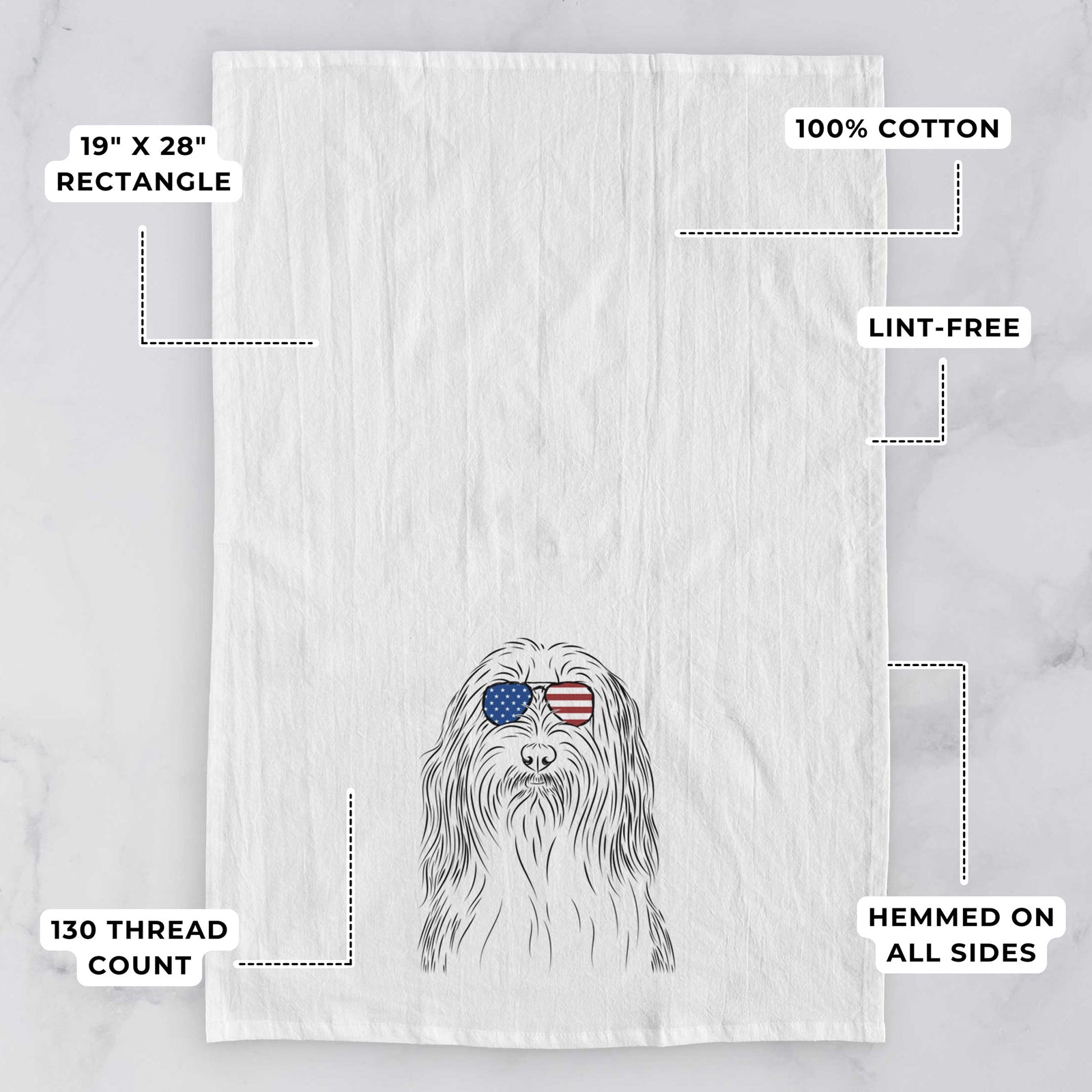 Hand-drawn sketch of Murray the Bearded Collie wearing American flag sunglasses on a tea towel, with feature callouts: 19 x 28 inch rectangle, 100% cotton, lint-free, 120 thread count, hemmed on all sides