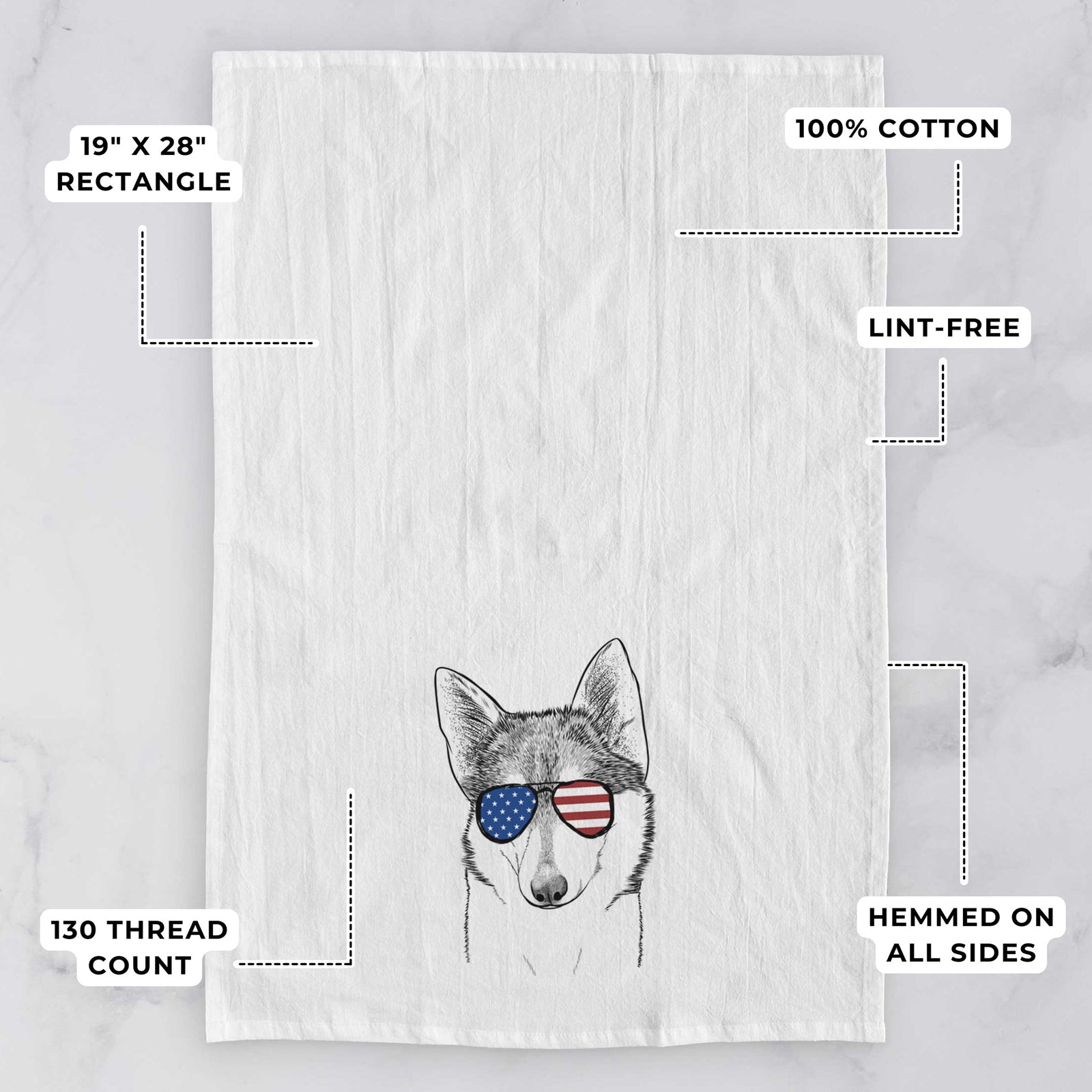 Hand-drawn sketch of Nami the Alaskan Klee Kai wearing American flag sunglasses on a tea towel, with feature callouts: 19 x 28 inch rectangle, 100% cotton, lint-free, 120 thread count, hemmed on all sides