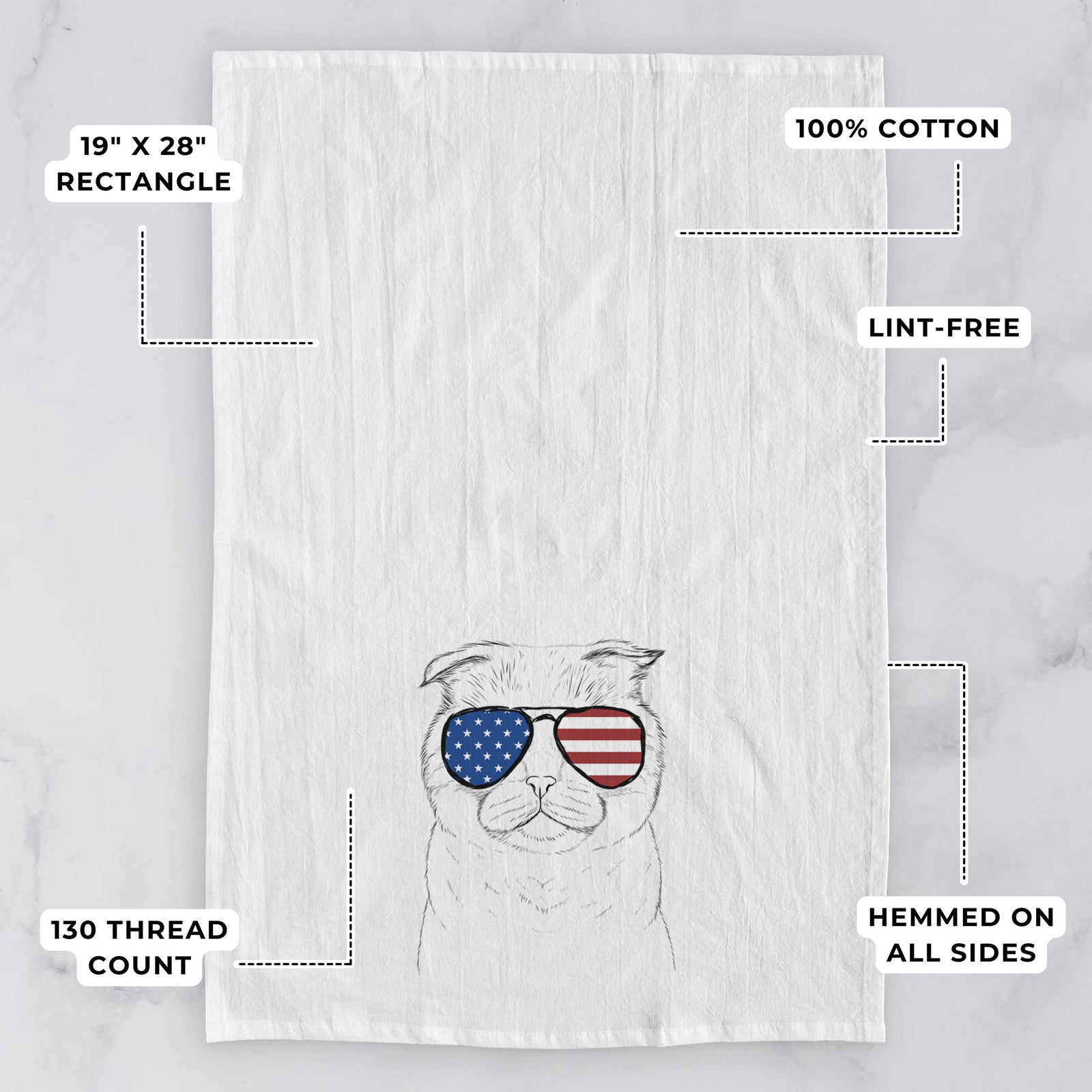 Hand-drawn sketch of Neko the Scottish Fold Cat wearing American flag sunglasses on a tea towel, with feature callouts: 19 x 28 inch rectangle, 100% cotton, lint-free, 120 thread count, hemmed on all sides